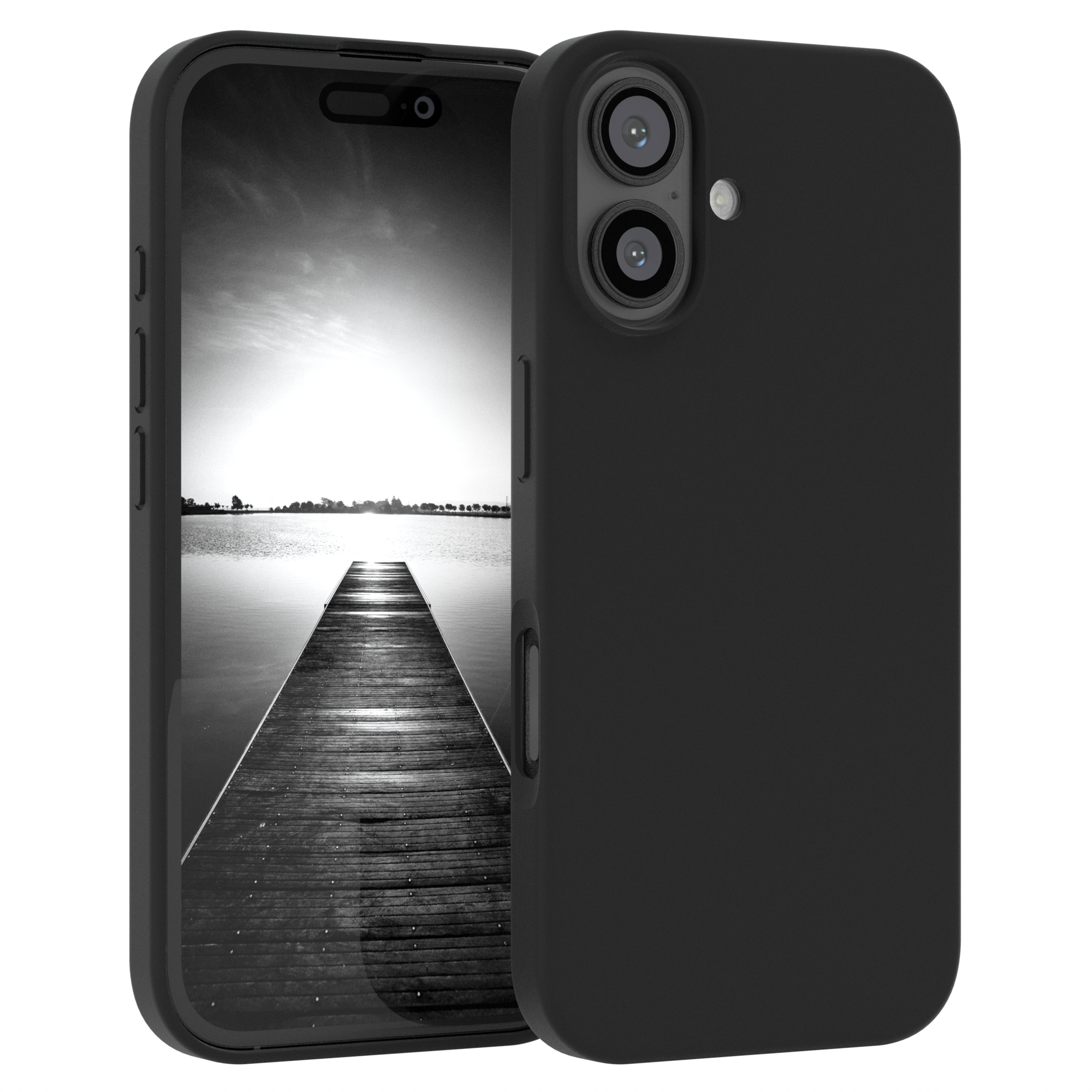 Schwarze Handyhülle auf weißer Oberfläche. Telefon zeigt einen Steg am See.