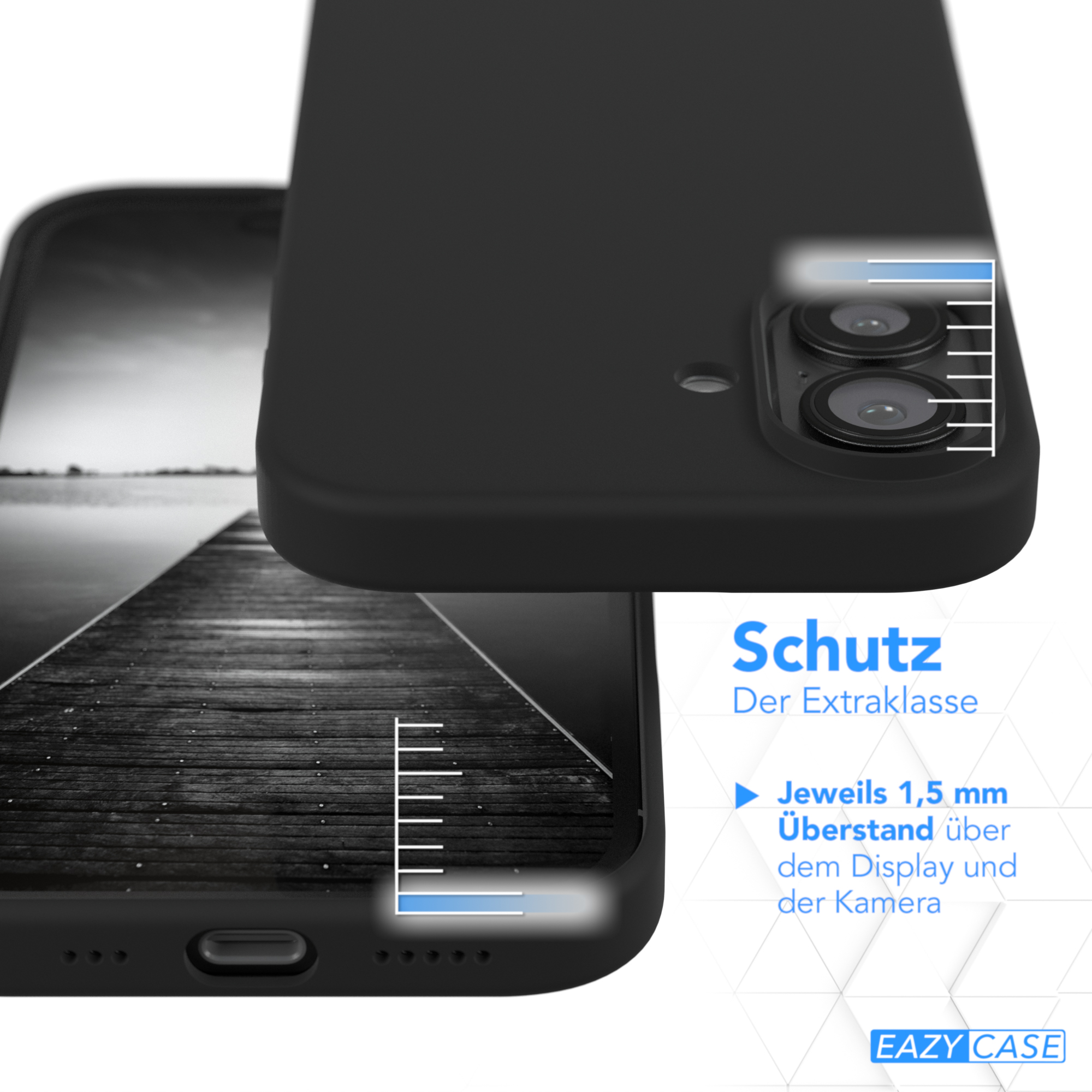 Schwarze Handyhülle auf einer anderen, die Display- und Kameraschutz zeigt.
