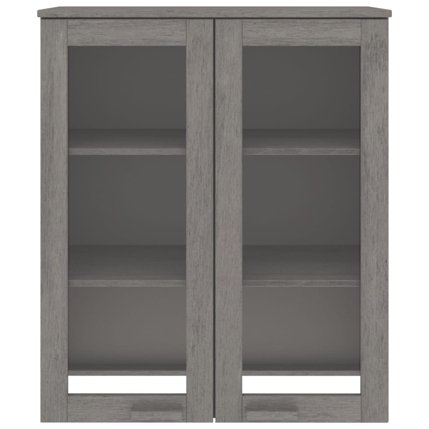 Ein grauer Schrank mit zwei Glastüren und Regalen. Die Türen sind geschlossen.