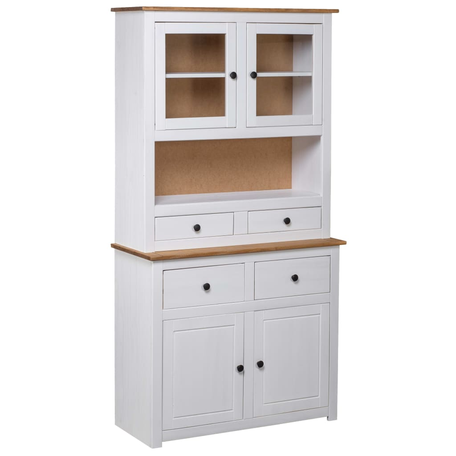 Weißer und Holzschrank mit Glastüren oben und Schubladen unten. Es ist ein Vitrinenschrank.