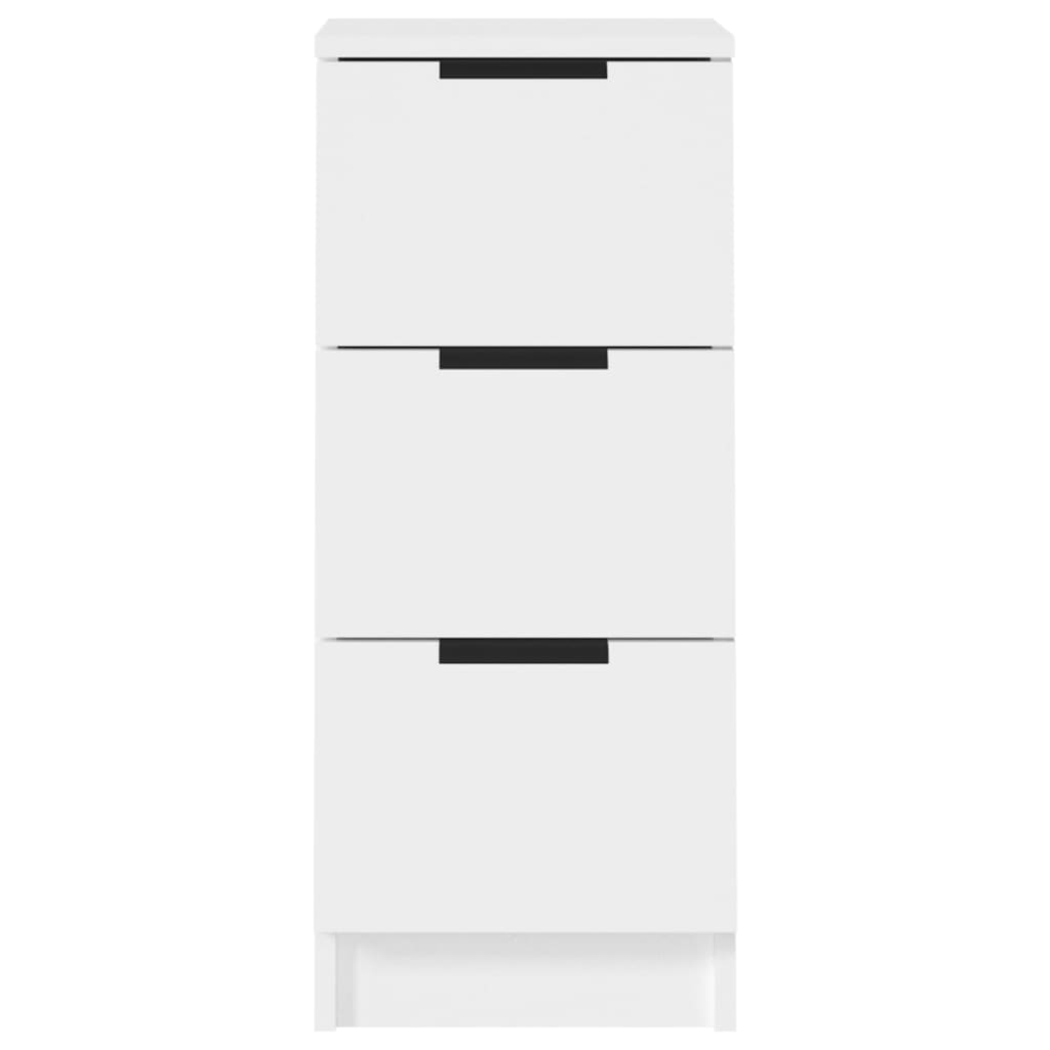 Weißer Schrank mit drei Schubladen und schwarzen Griffen.