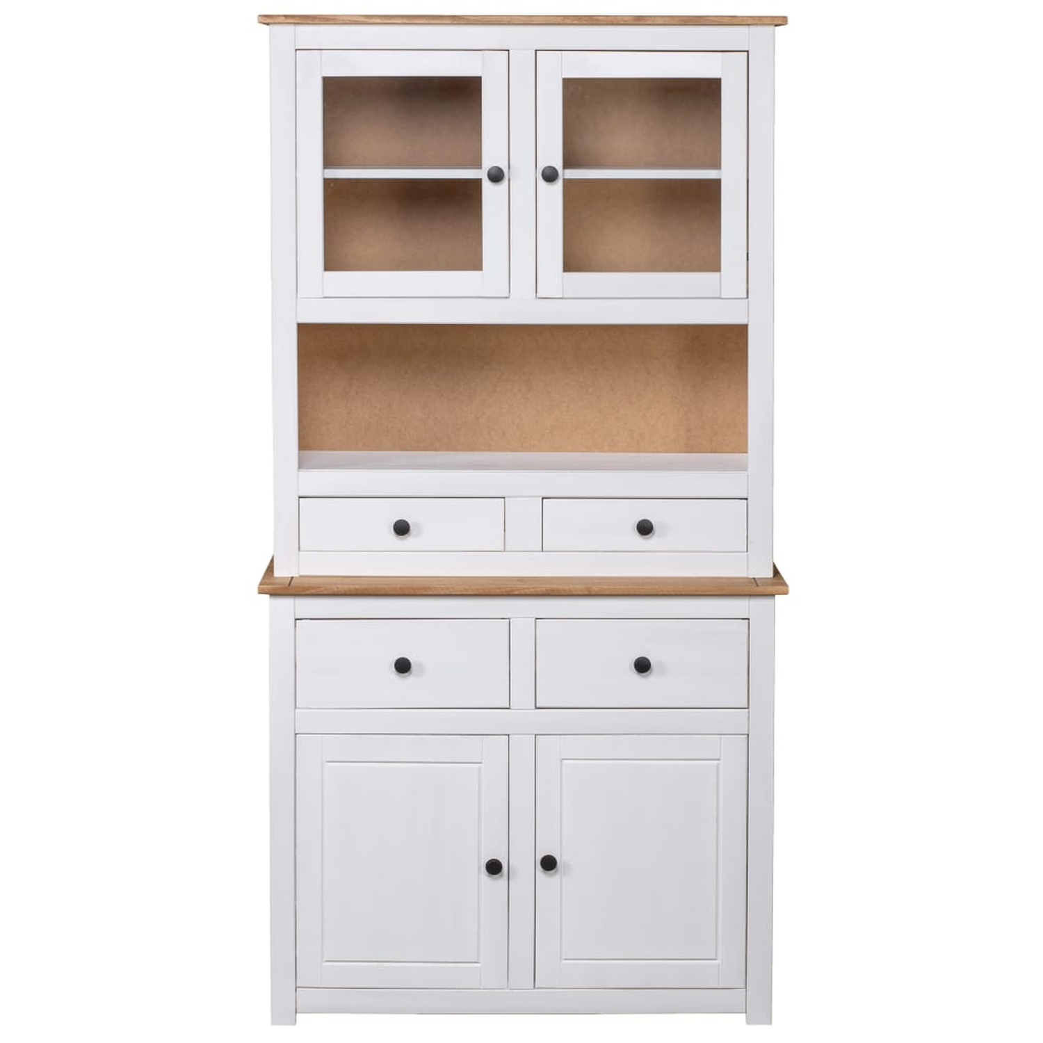 Ein weißer Holzschrank mit Türen und Schubladen. Der Schrank ist geschlossen, und der Hintergrund ist weiß.