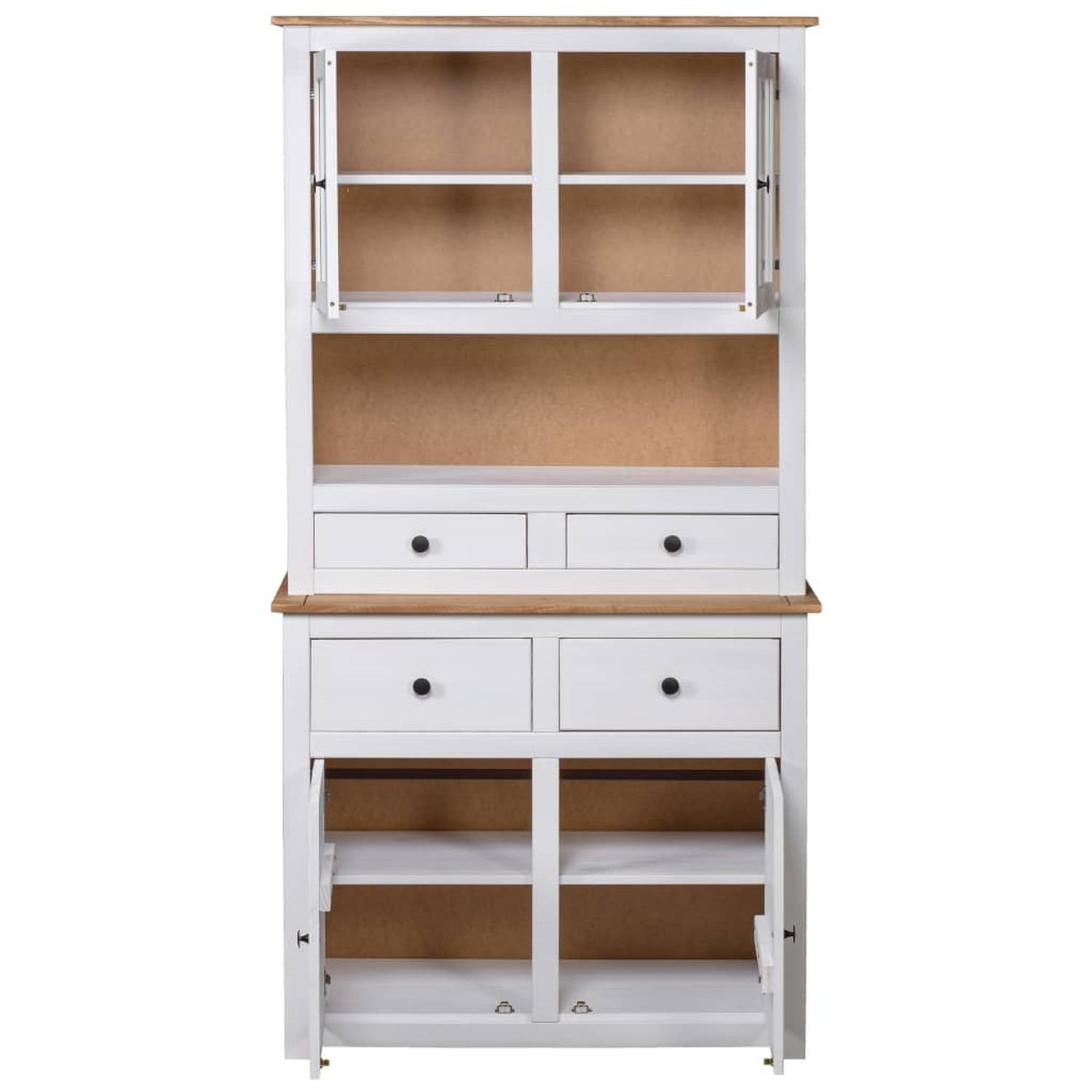 Ein weißer Schrank mit Türen und Schubladen, mit oberen Regalen mit Glastüren, drinnen.