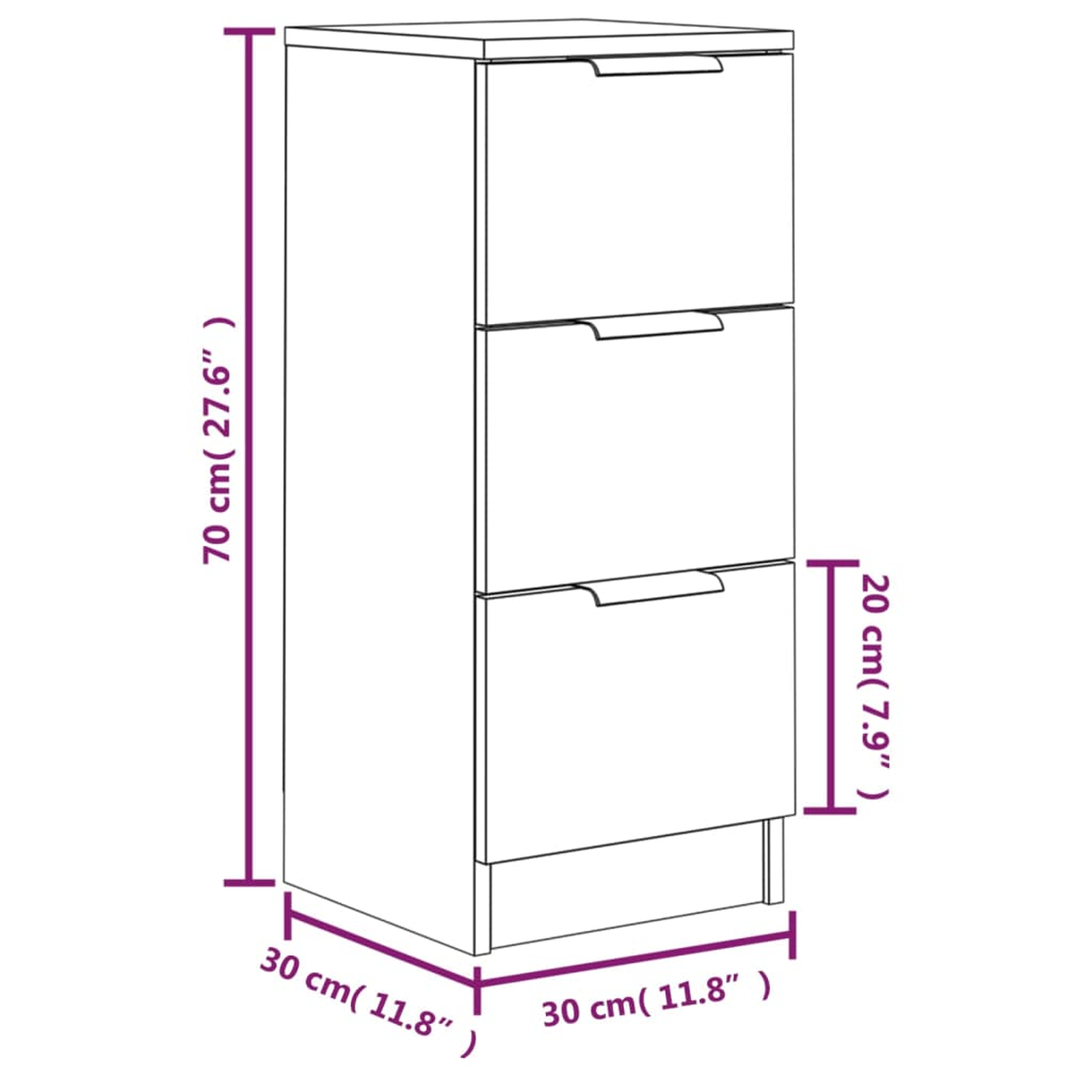 Ein weißer Schrank mit drei Schubladen. Abmessungen sind beschriftet.