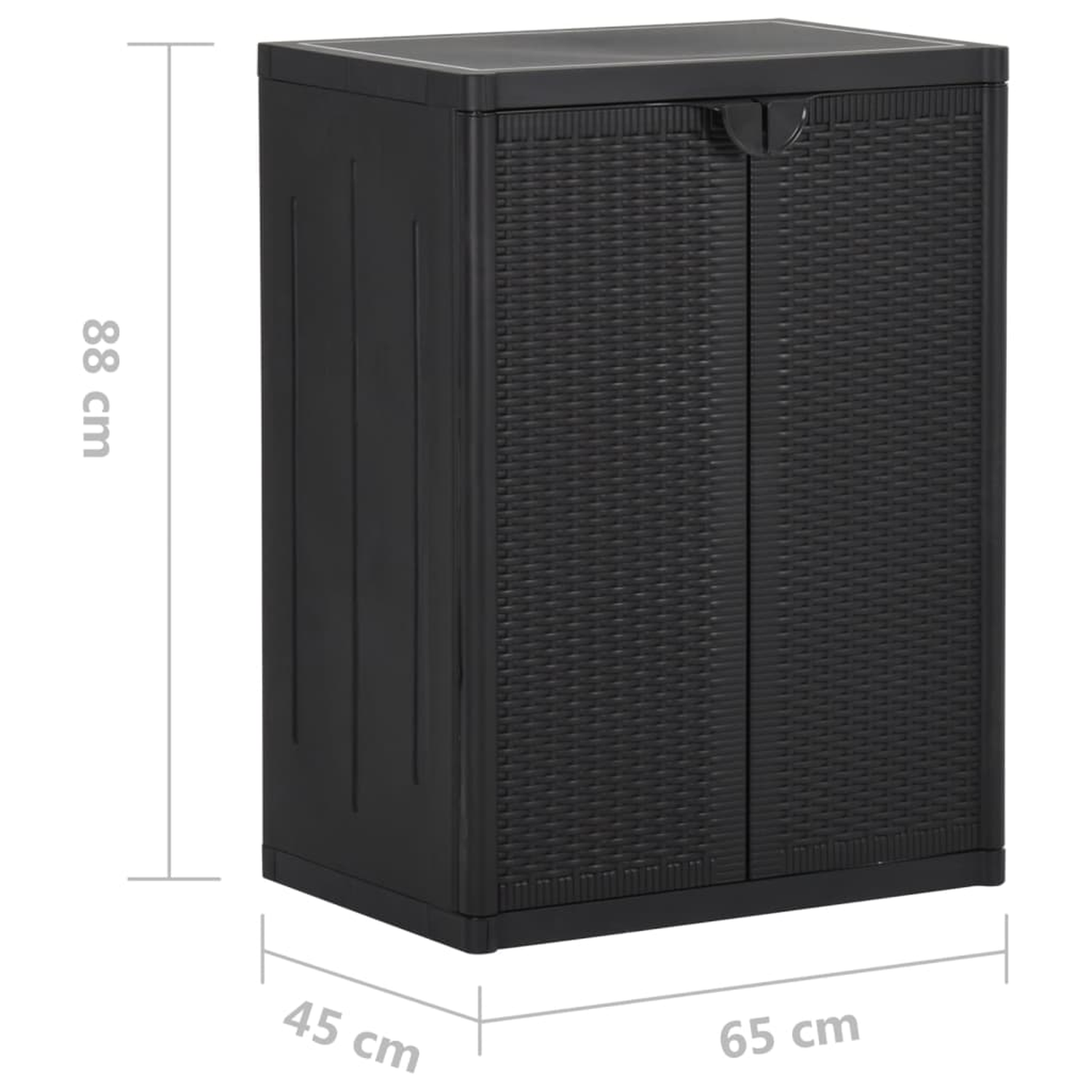 Schwarzer Aufbewahrungsschrank für den Außenbereich mit zwei Türen, Maße: 88x45x65 cm.