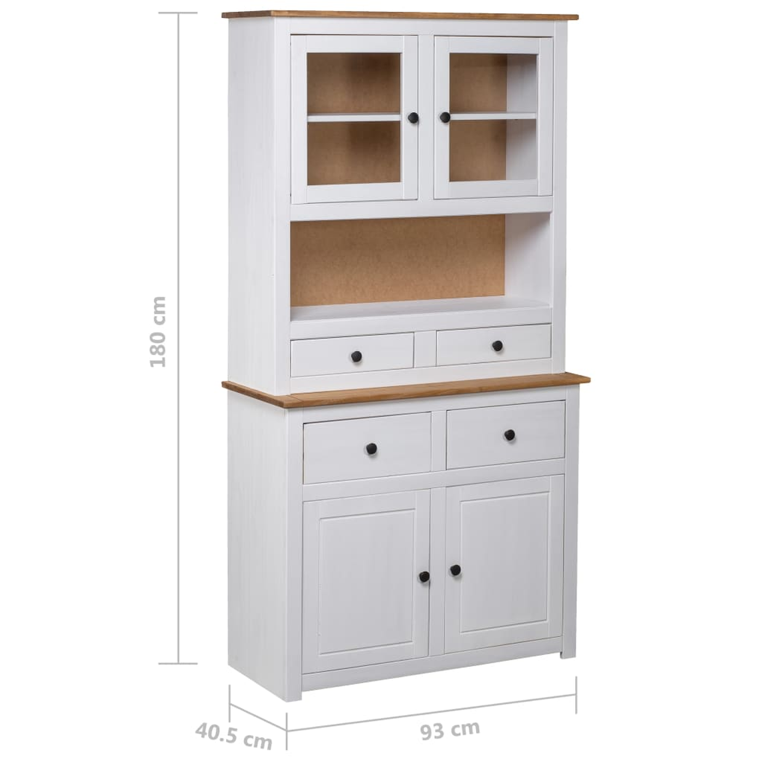 Eine weiße Anrichte mit Holzplatte, Glastüren, Schubladen und Abmessungen in Zentimetern.