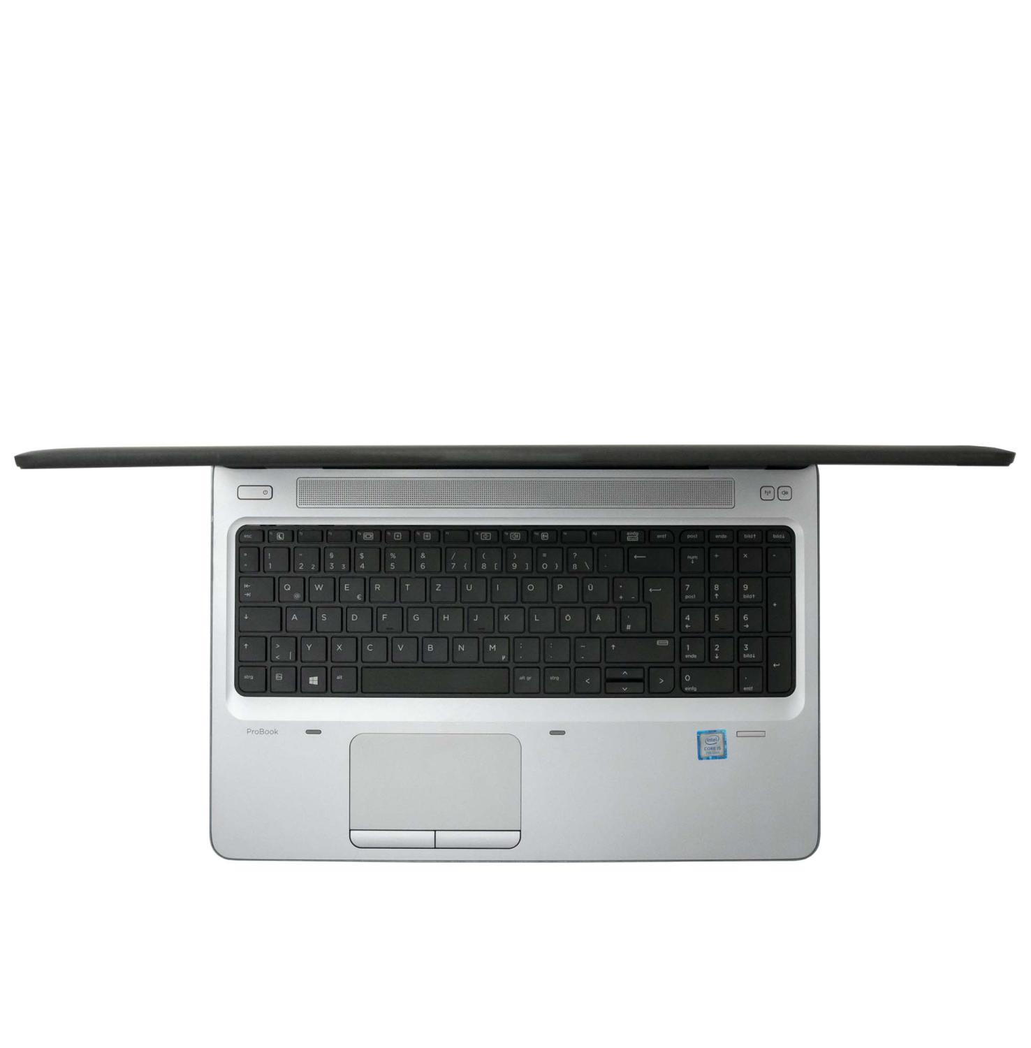 Laptop, Draufsicht, geöffnet mit sichtbarer Tastatur.