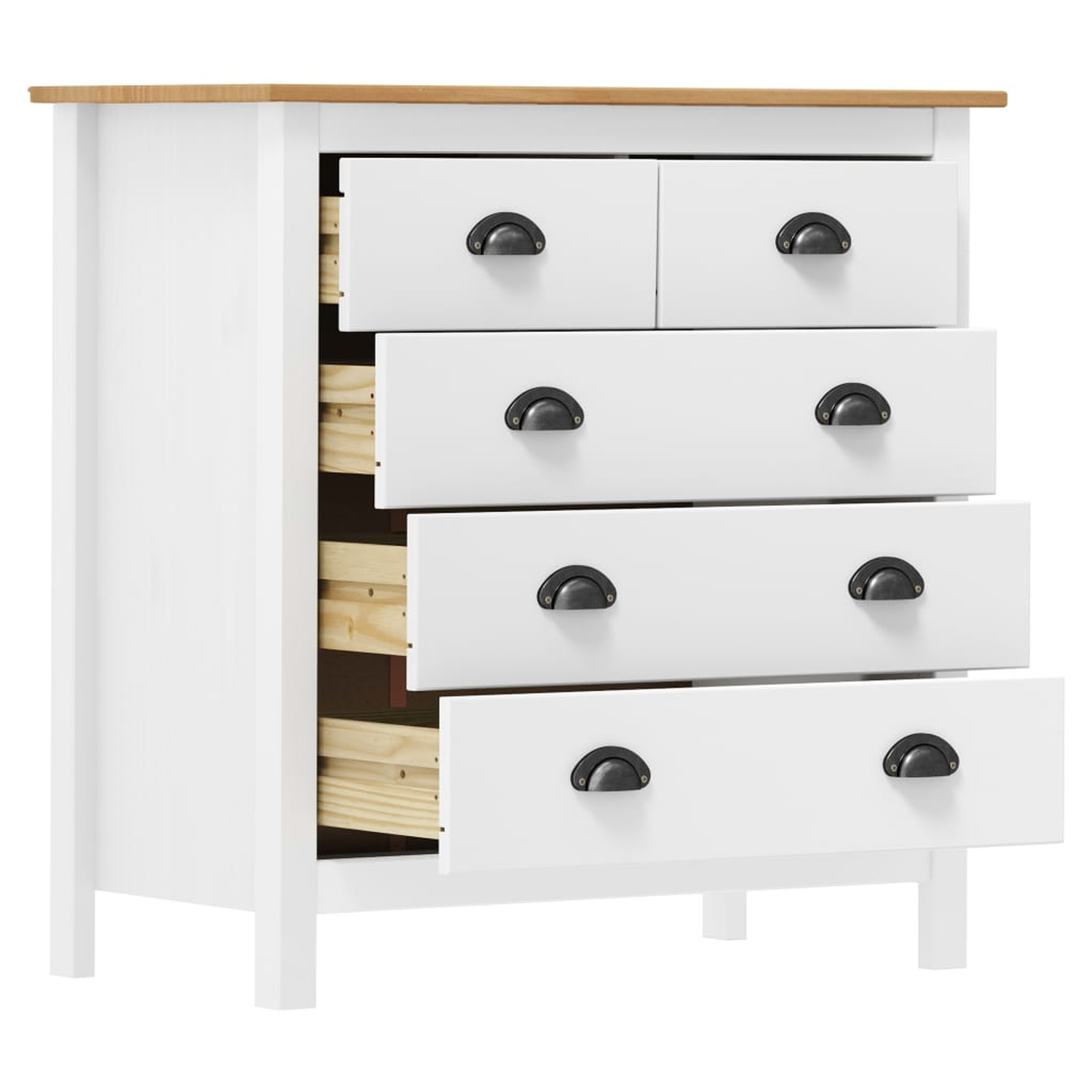 Weißer Schubladenschrank, einige Schubladen geöffnet, Holzinnenraum sichtbar.