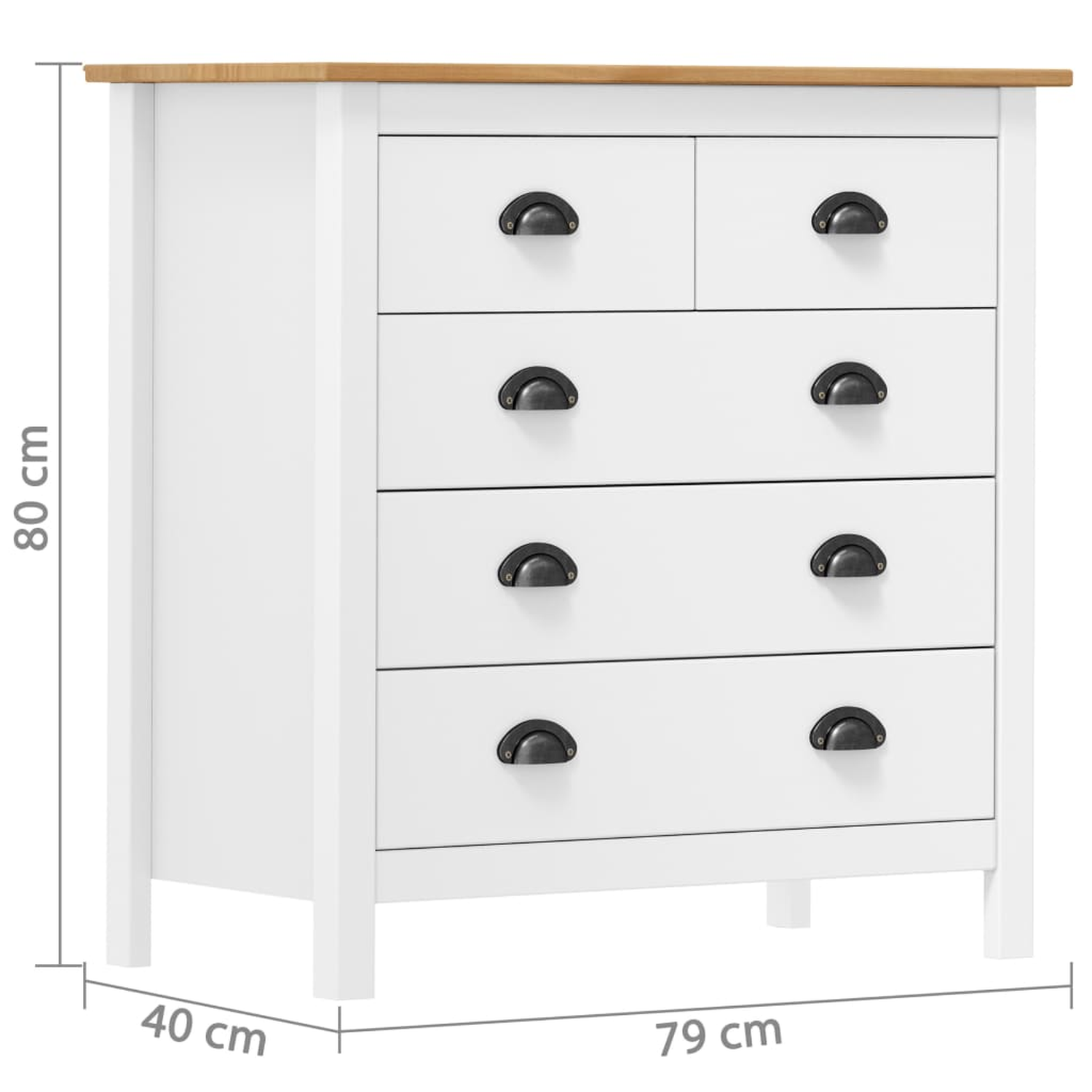 Weiße Kommode mit fünf Schubladen, Holzplatte, Maße in cm.