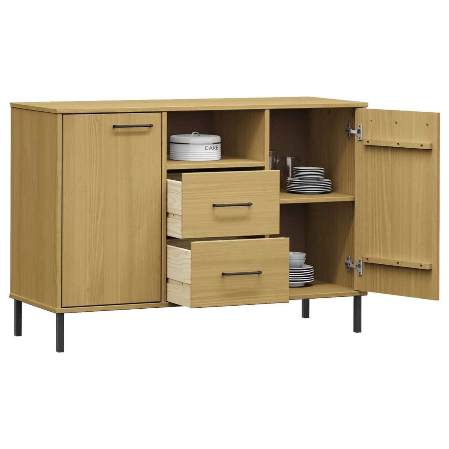 Ein Holzschrank mit Schubladen und einer Tür, mit ausgestellten Gegenständen. Ein weißer Hintergrund.