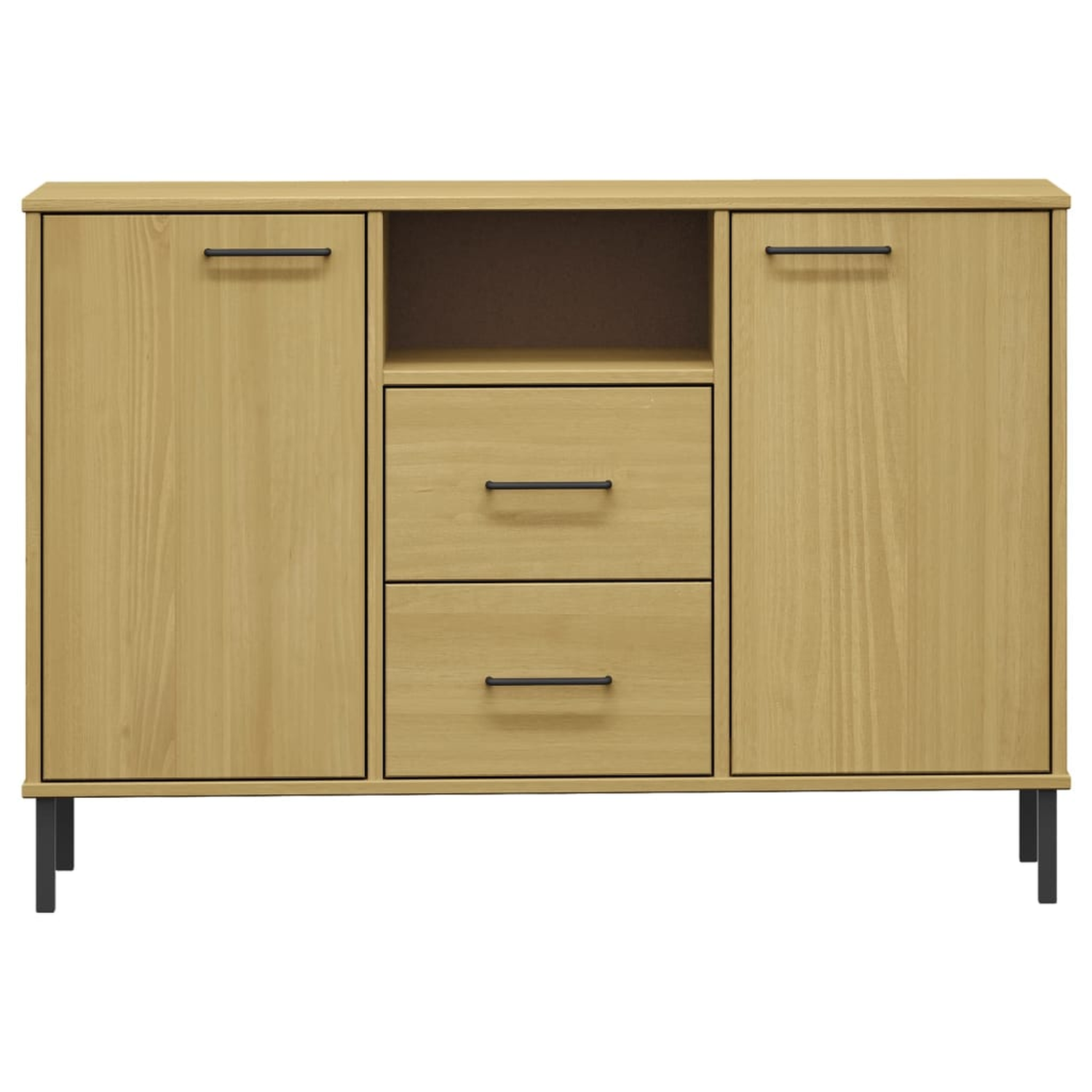 Ein Sideboard aus hellem Holz mit Schubladen. Es hat schwarze Griffe und Beine.