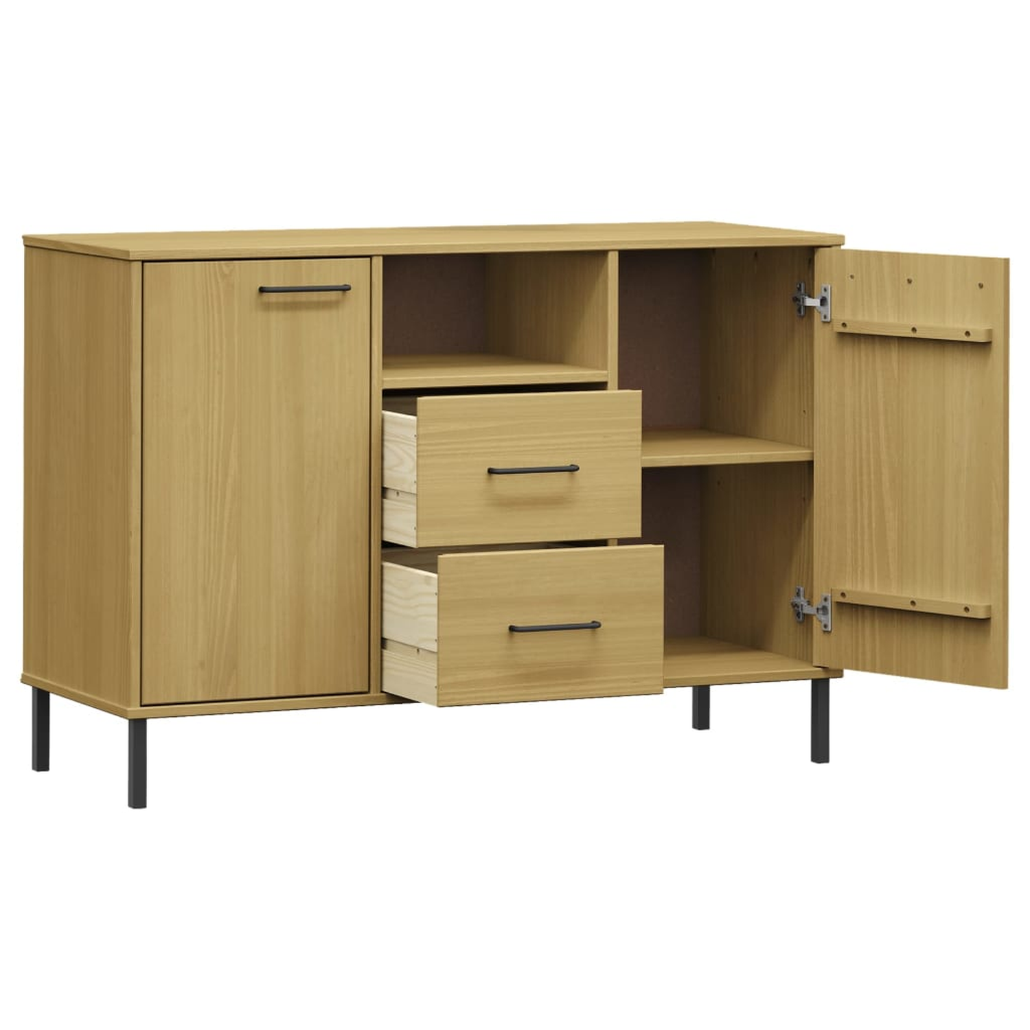 Ein Holzschrank mit zwei offenen Schubladen. Der Schrank hat zwei Türen, von denen eine geöffnet ist und ein Regal freigibt.