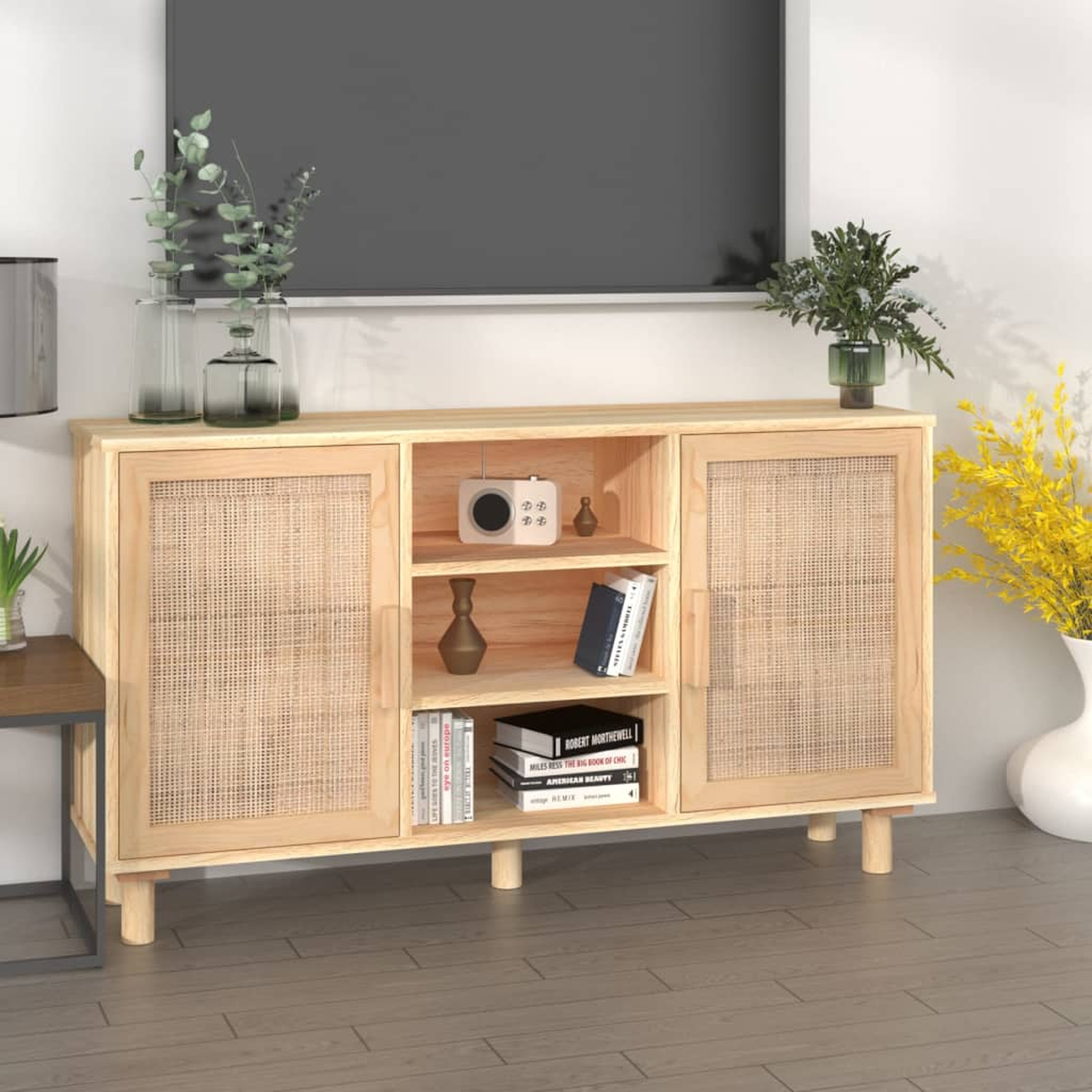 Hellholzschrank mit Türen und Regalen. Pflanzen, Bücher und TV.