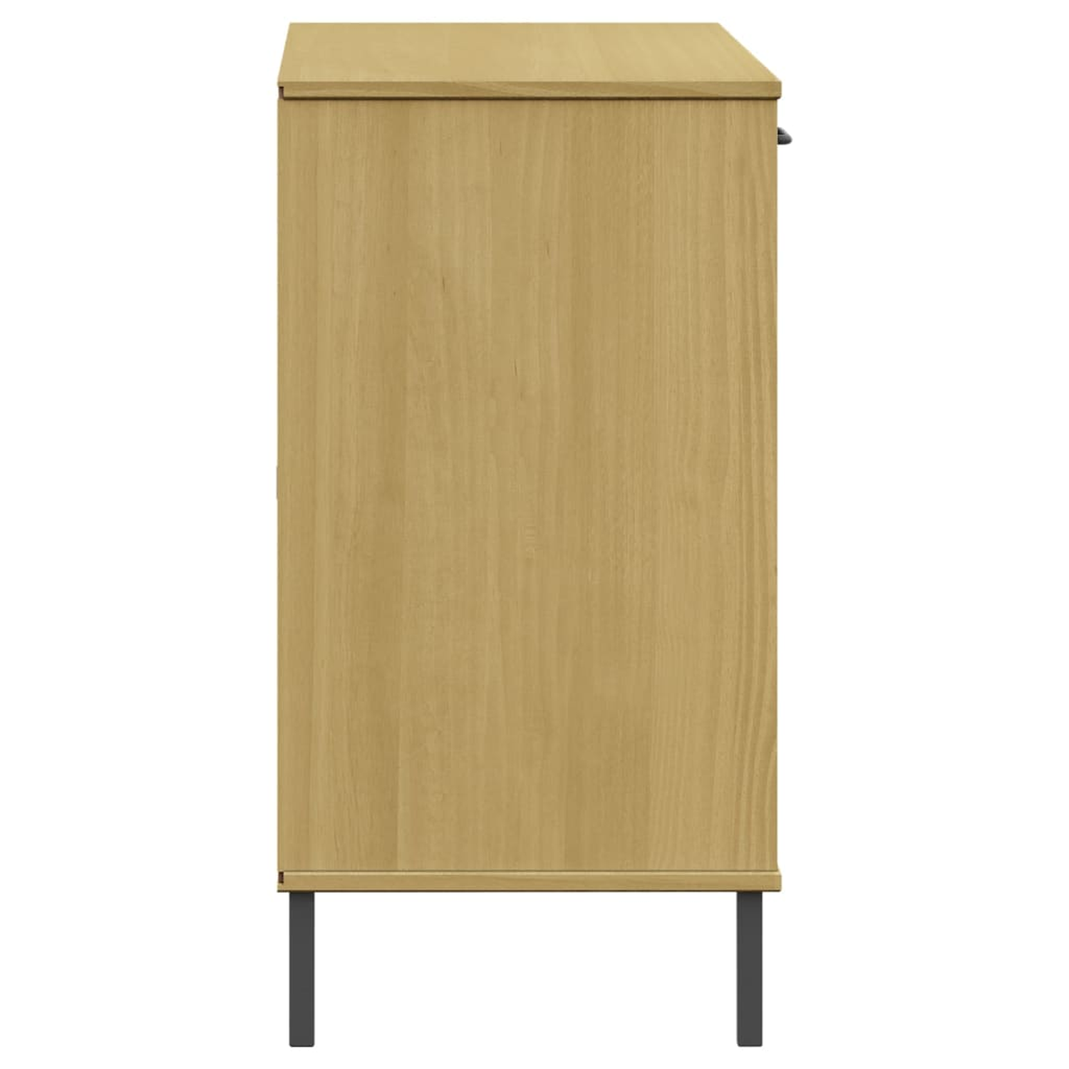 Seitenansicht eines hellen Holzschranks mit Griff. Der Schrank steht auf dünnen, schwarzen Beinen.