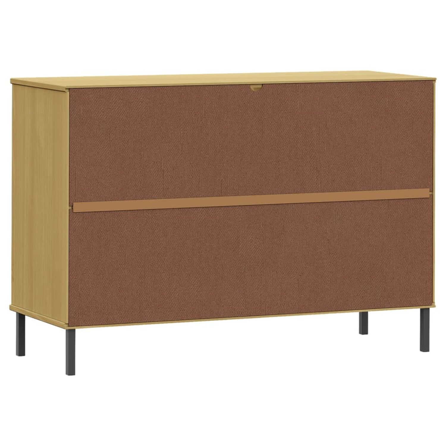 Holzschrank mit braunen Stofftüren. Schwarze Beine und ein Griff oben.