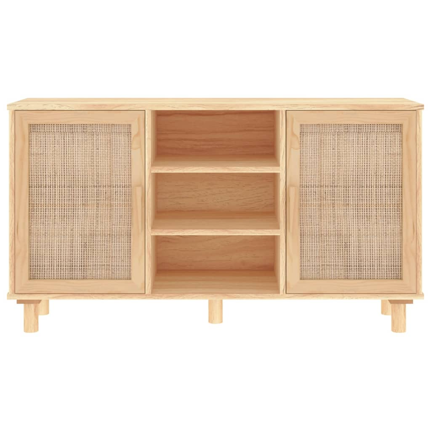 Eine hellbraune Holz-Anrichte mit gewebten Rohr-Türen und Regalen. Sie hat vier Beine.