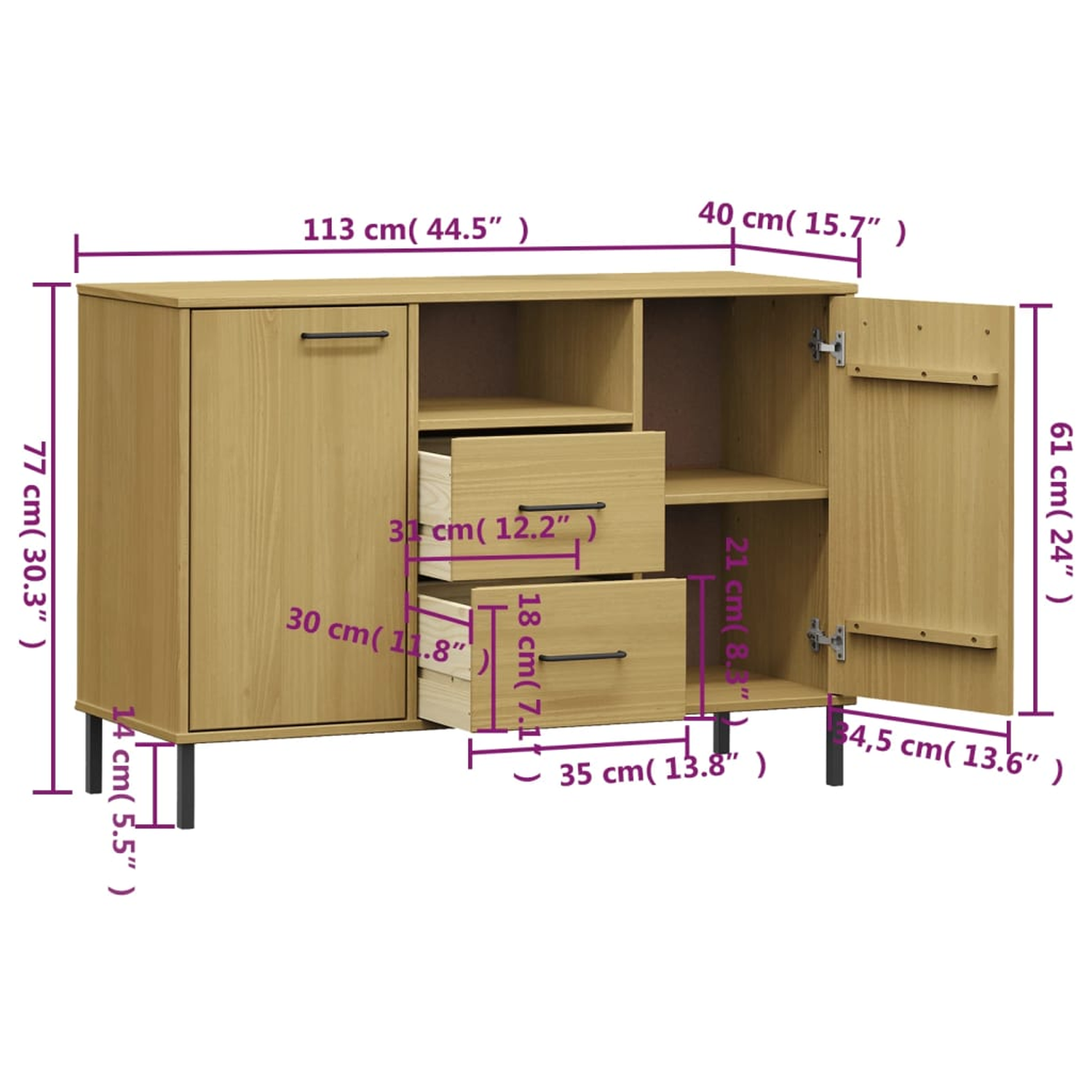 Sideboard aus Holz mit Maßen und sichtbaren offenen Schubladen und Türen.