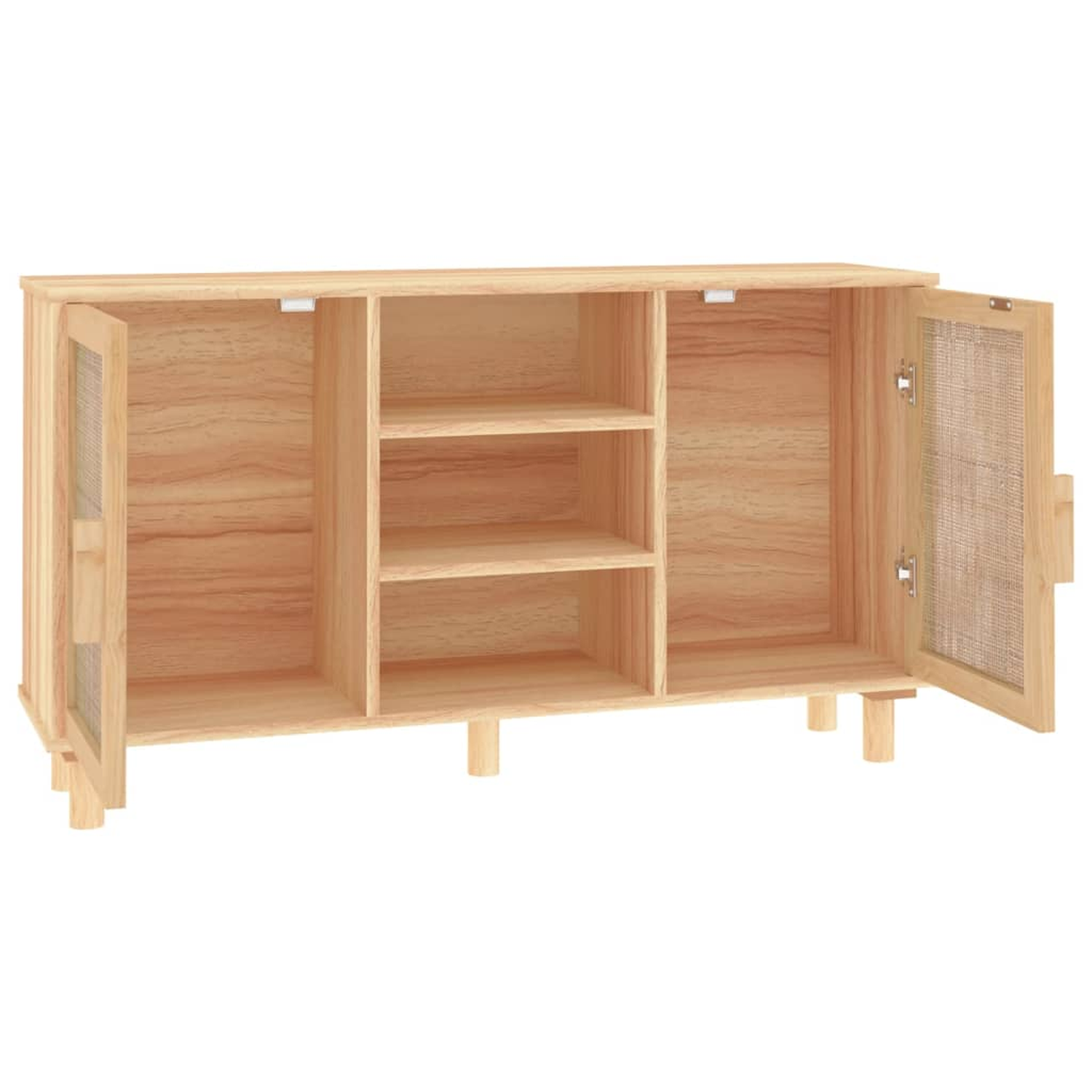 Holzschrank mit offenen Türen. Es hat Regale im Inneren. Die Türen haben ein Netz.