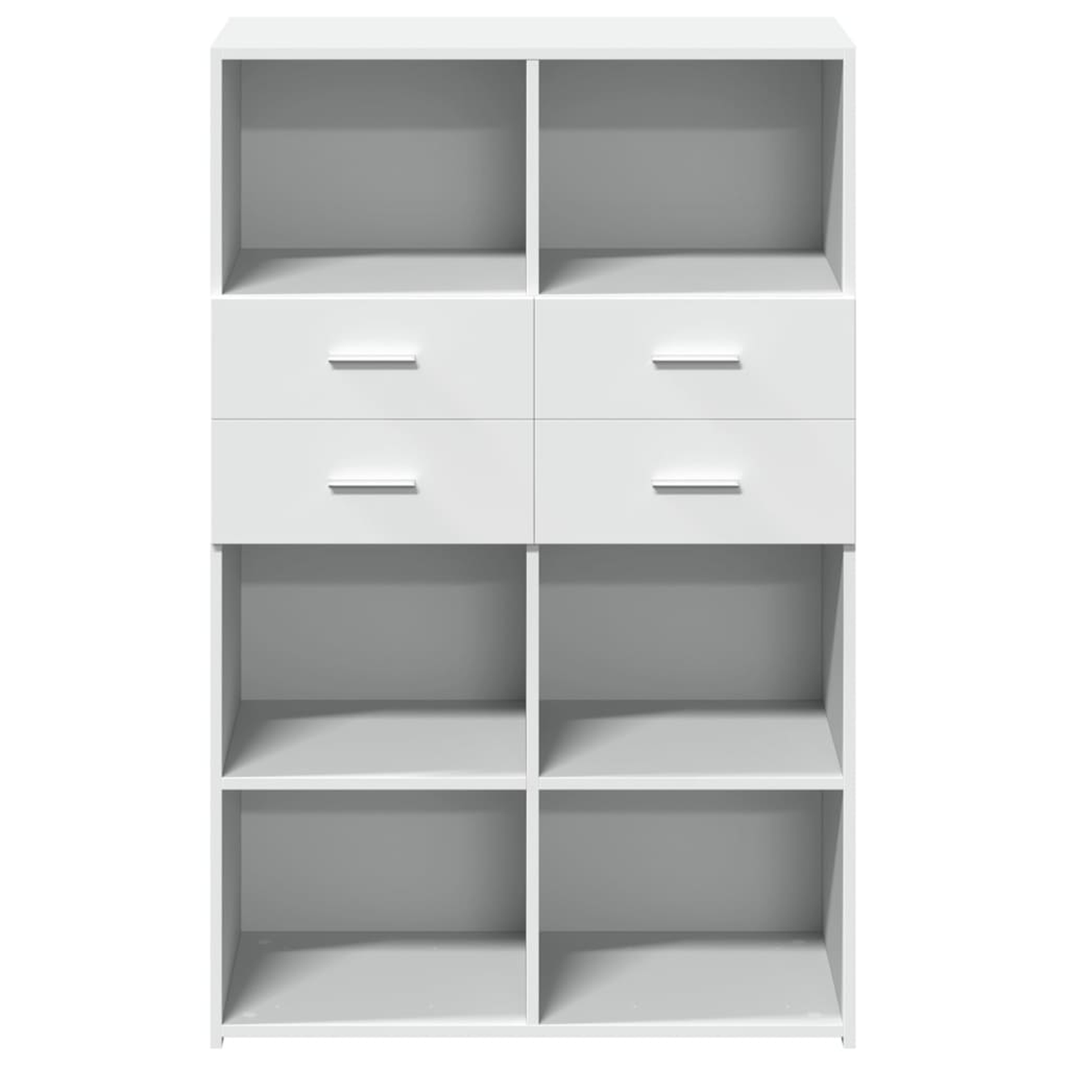 Weißer Schrank mit offenen Regalen und Schubladen. Sauberes Design, Stauraum.