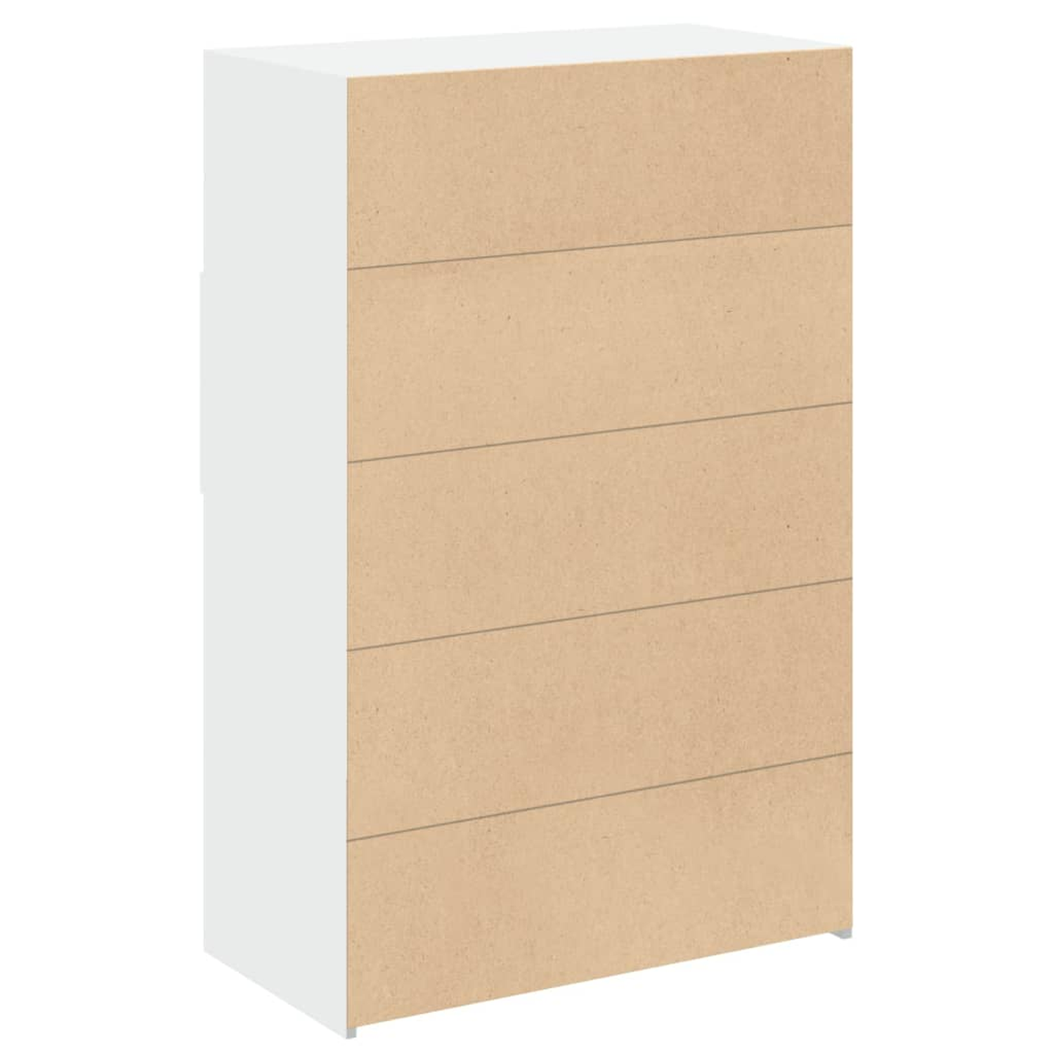 Ein weißer Schrank mit Schubladen. Die Schubladen bestehen aus einem helleren Material. Der Schrank hat ein einfaches Design.