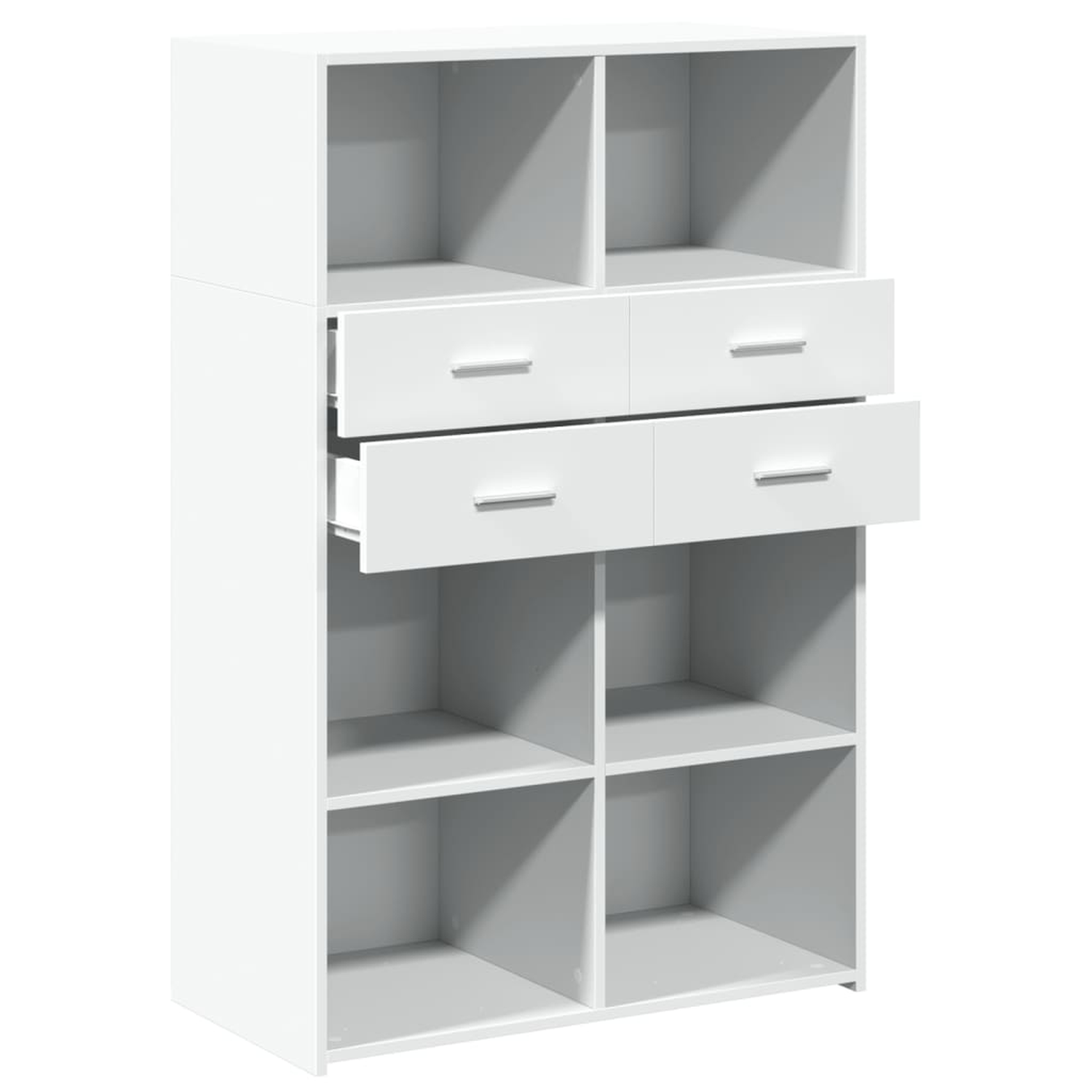 Weißer Schrank mit mehreren offenen Regalen und zwei Schubladen, eine teilweise offen.