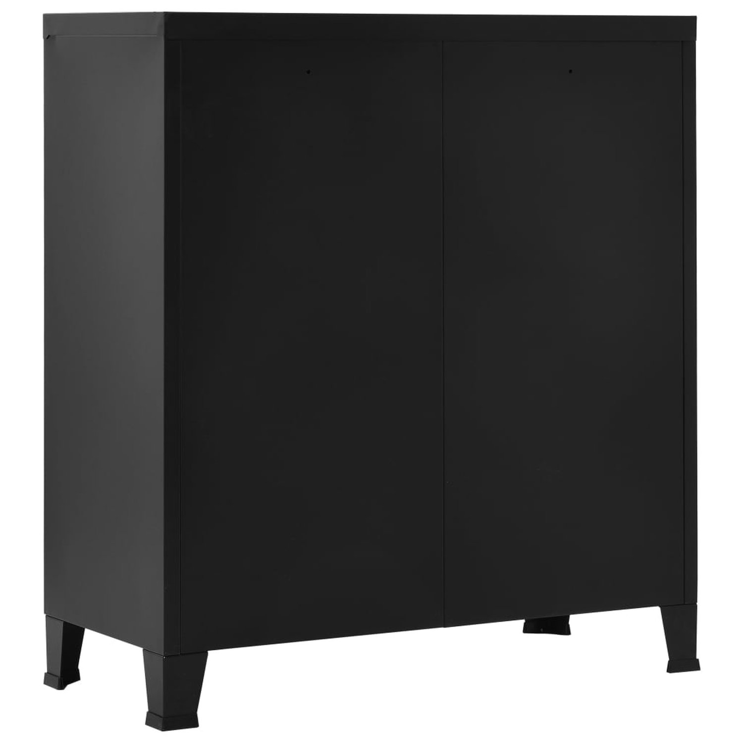Ein schwarzer Schrank mit zwei Türen, stehend auf kurzen Beinen. Einfaches, sauberes Design.