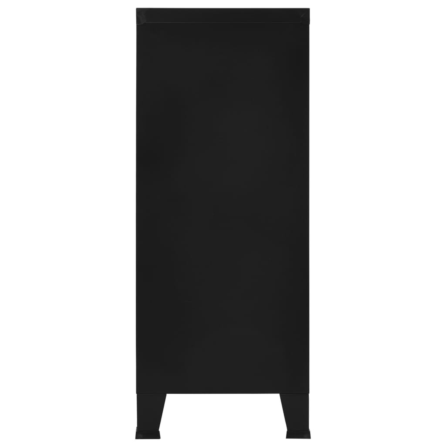 Schwarzer Schrank von vorne. Der Schrank ist schlicht mit matter Oberfläche.