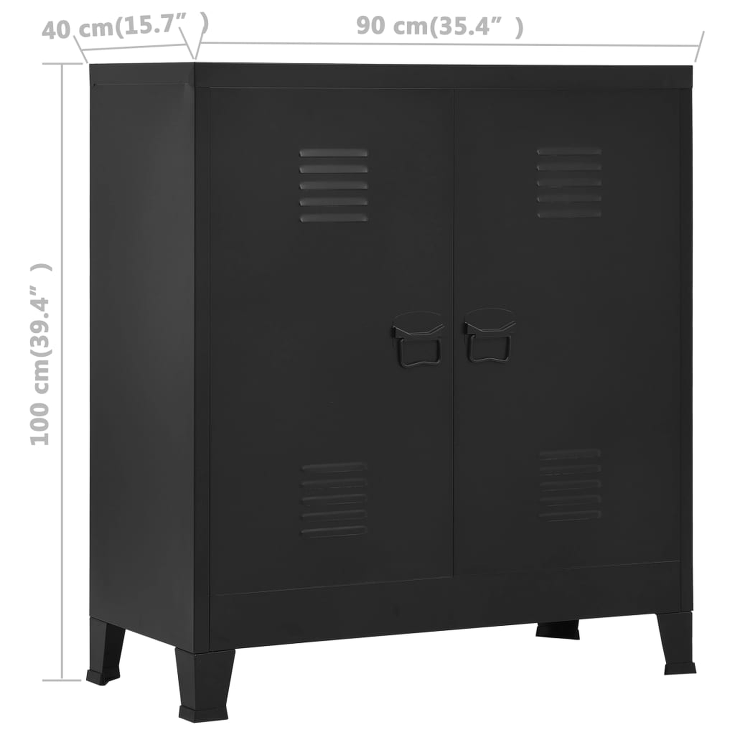Schwarzer Metallschrank mit zwei Türen. Maße: 100x90x40cm. Lüftungsschlitze oben.