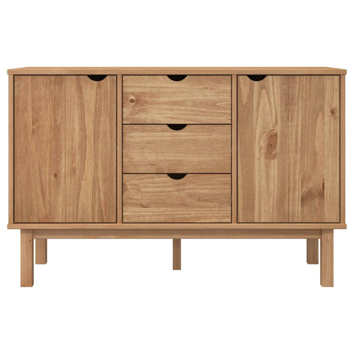 Holzsideboard mit drei Schubladen und zwei Türen. Hat ein hellbraunes Holzdesign und Beine.