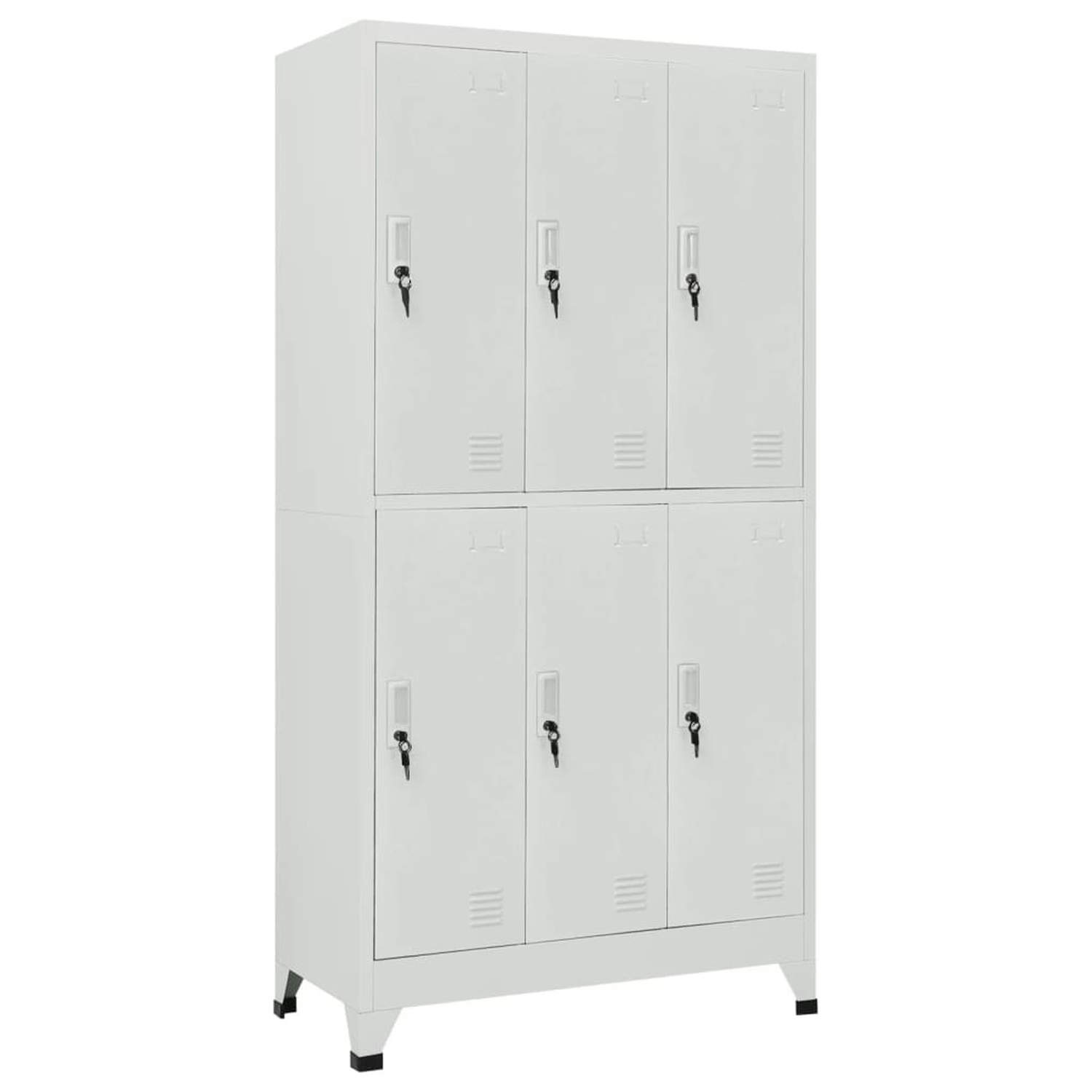 Ein Holzschrank mit zwei Türen und drei Schubladen, mit graubrauner Holzmaserung.
