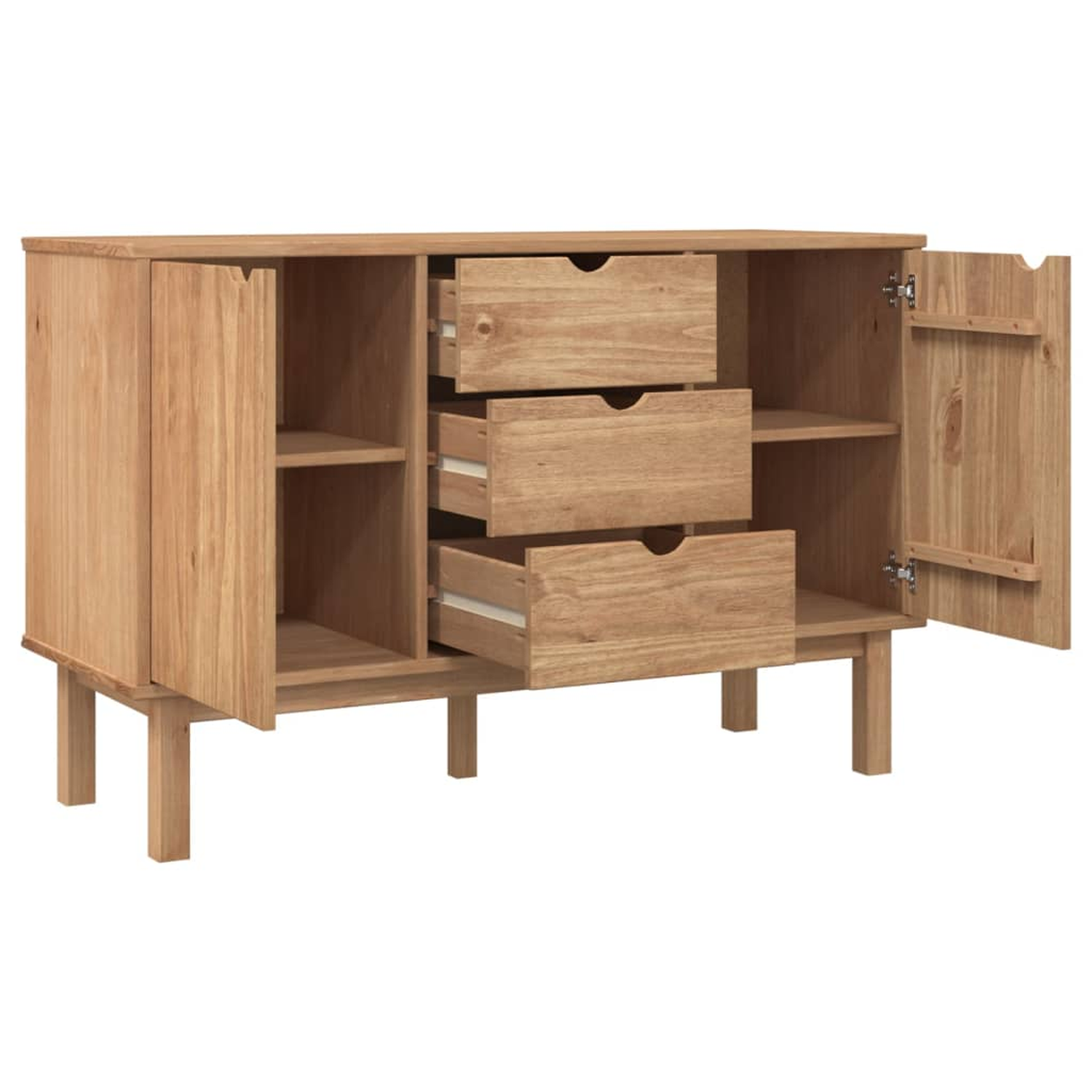 Eine Holz-Anrichte mit offenen Türen. Schubladen und Regale sind innen sichtbar.