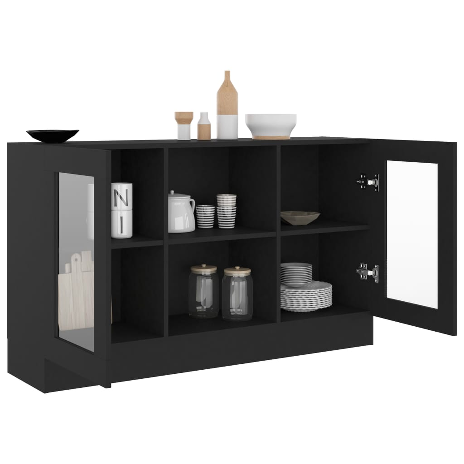 Ein schwarzer Schrank mit Glastüren, geöffnet, enthüllt Regale mit Gegenständen. Schwarze Schalen oben.