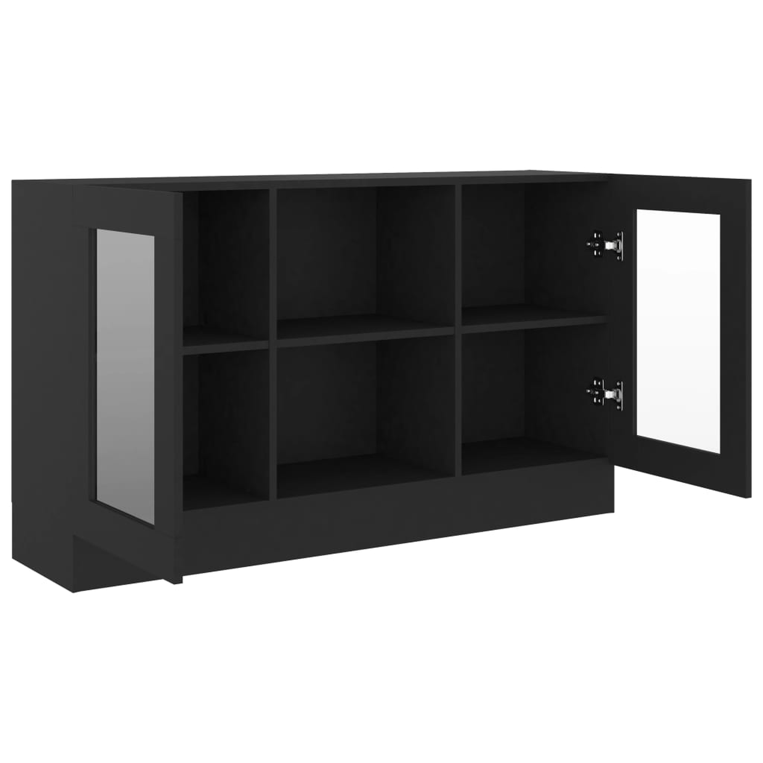 Schwarzer Schrank mit geöffneten Glastüren, Regale sichtbar. Sauberes, modernes Design, minimalistisch.
