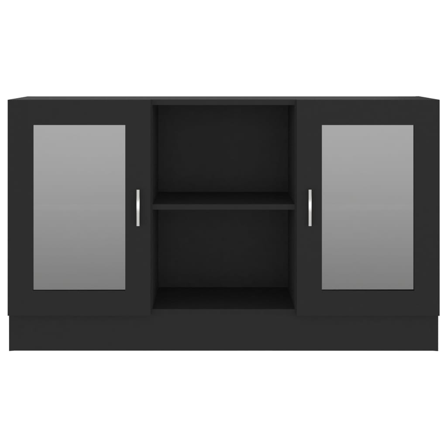 Schwarzer Schrank mit zwei Glastüren und einem Regal. Silberne Griffe sind sichtbar.