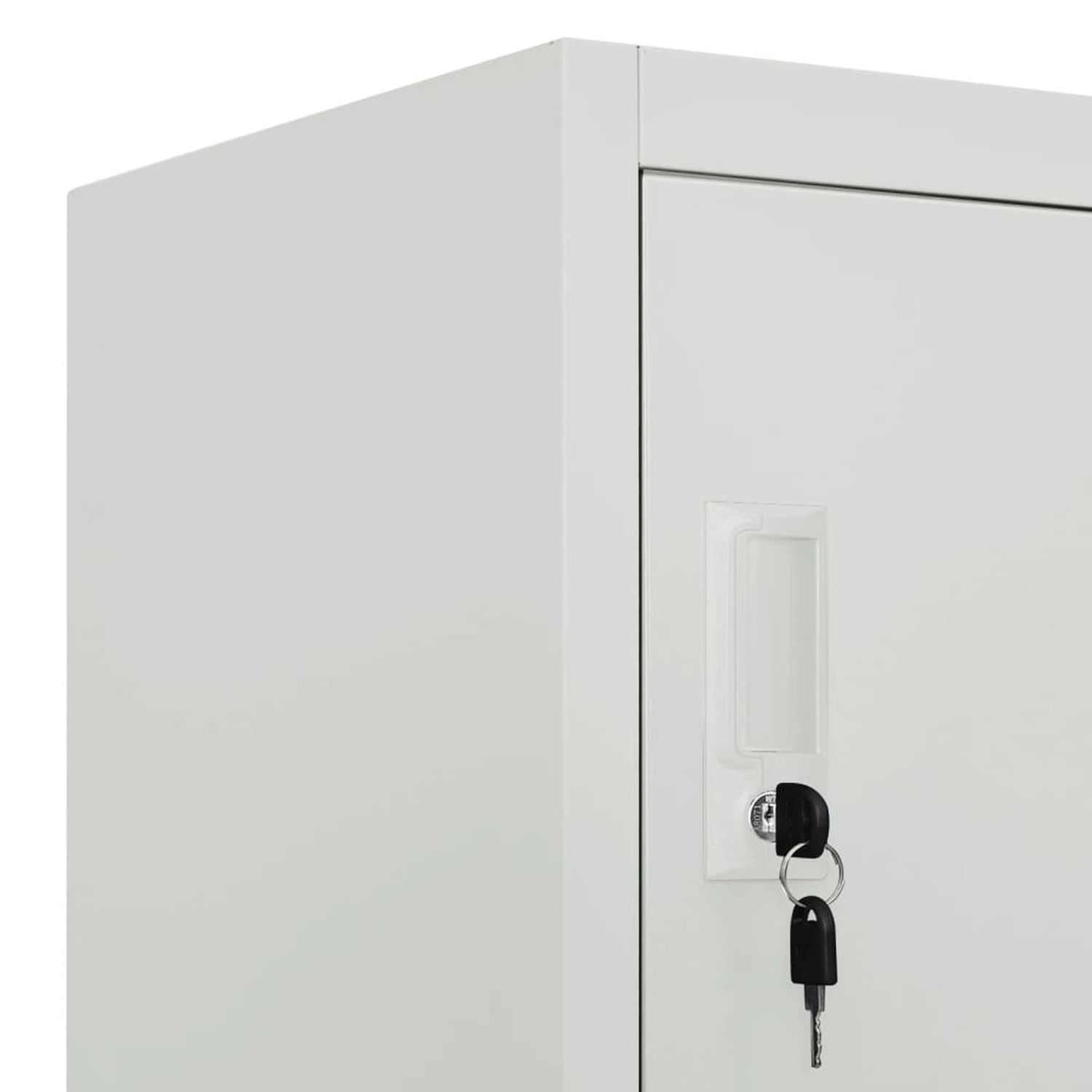 Weißer Metallspindschrank mit mehreren offenen Türen, Abmessungen werden angezeigt.