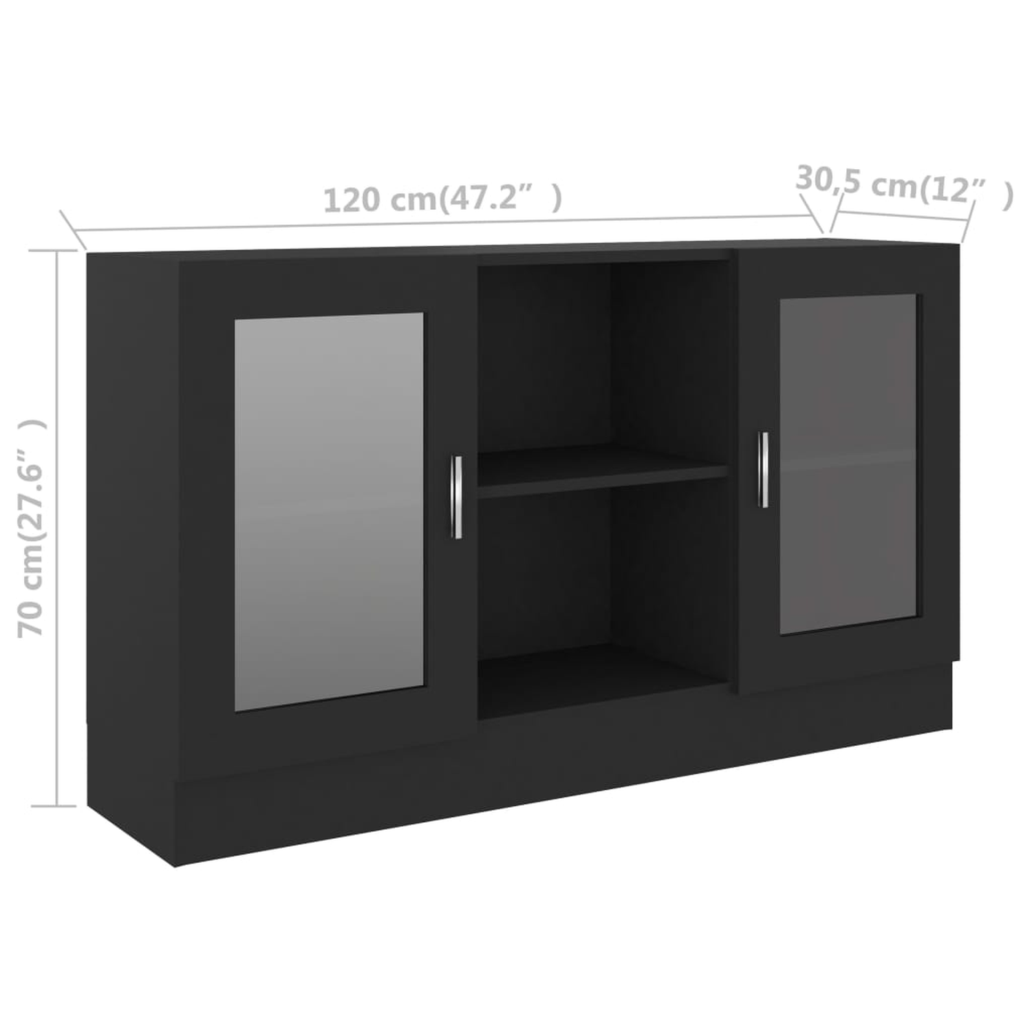 Schwarzer Schrank mit zwei Glastüren, offenem Zentrum und beschrifteten Abmessungen.