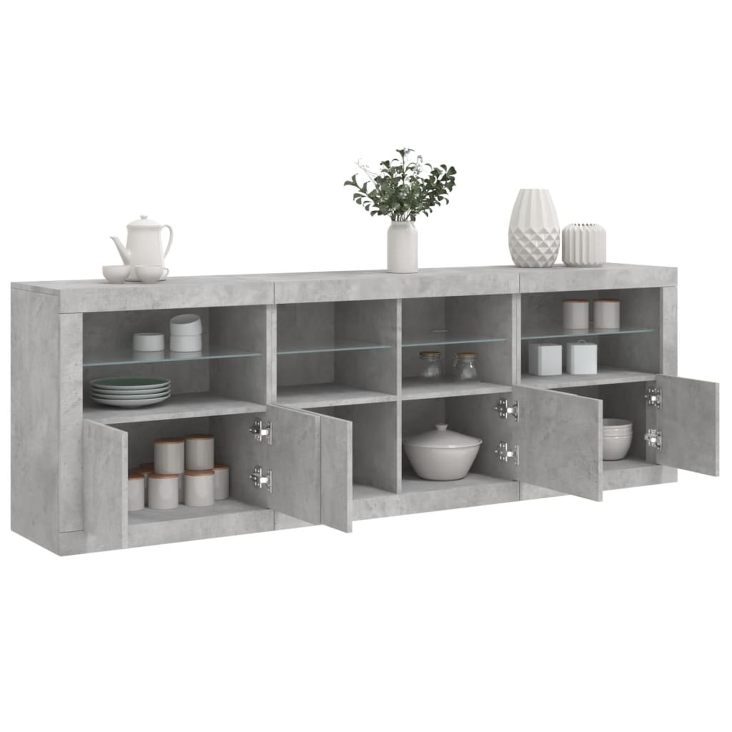Grauer Schrank mit offenen Türen, Regalen und Küchenutensilien sichtbar.