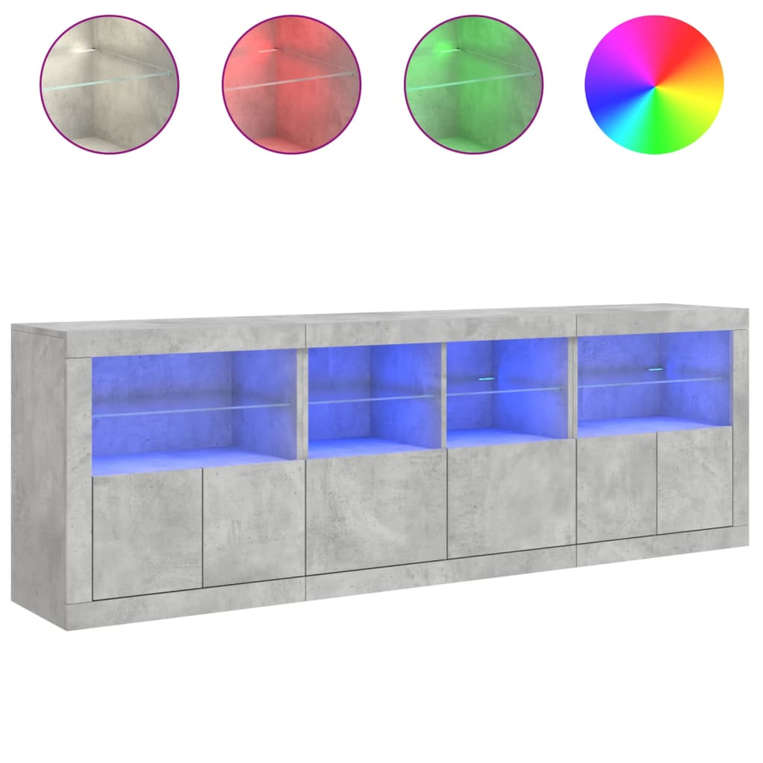 Ein langer, grauer Schrank mit blauen Lichtern in den Displaybereichen und Farbauswahl.