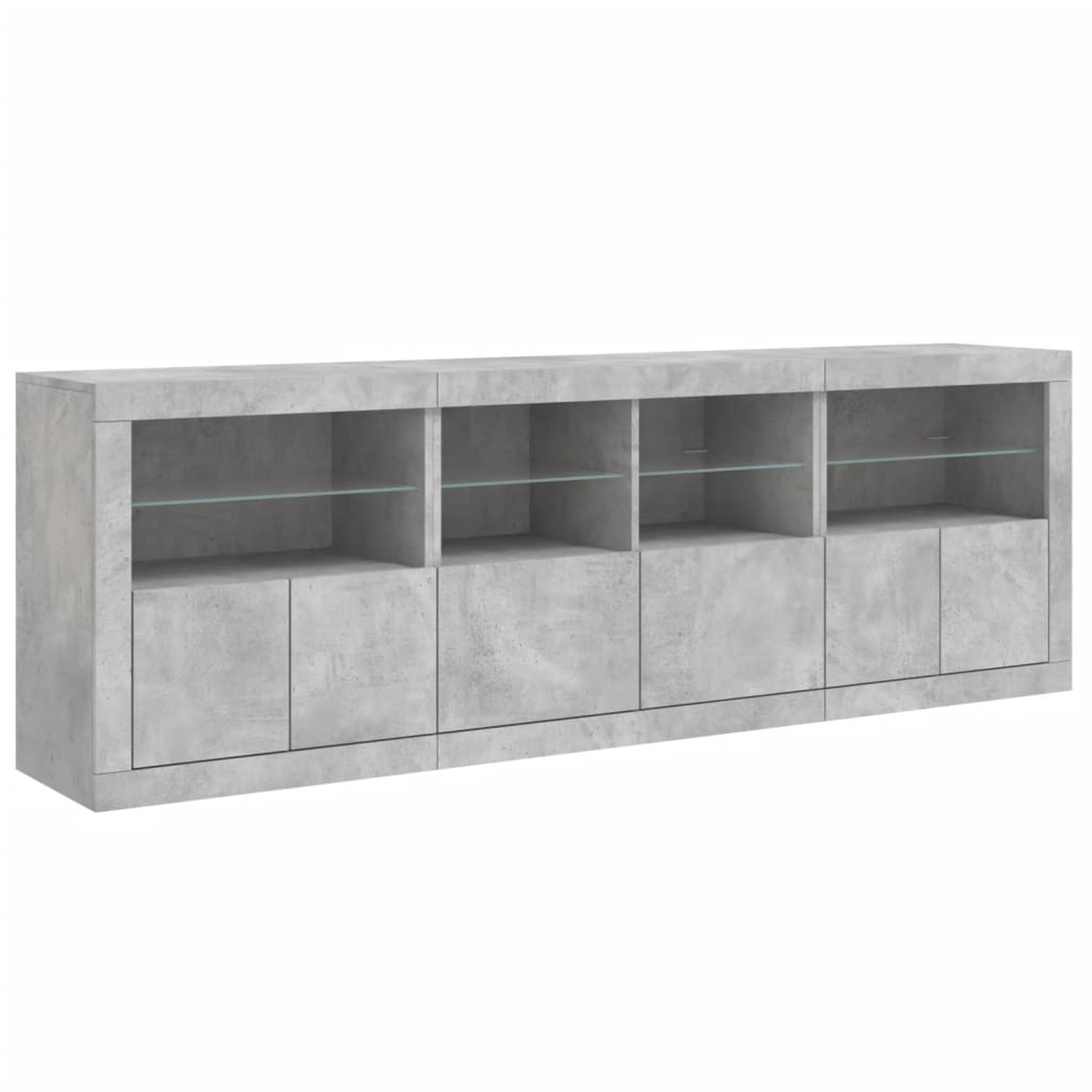 Langer, grauer Schrank mit Glastüren. Modernes Design im Beton-Look. Mehrere Abschnitte.