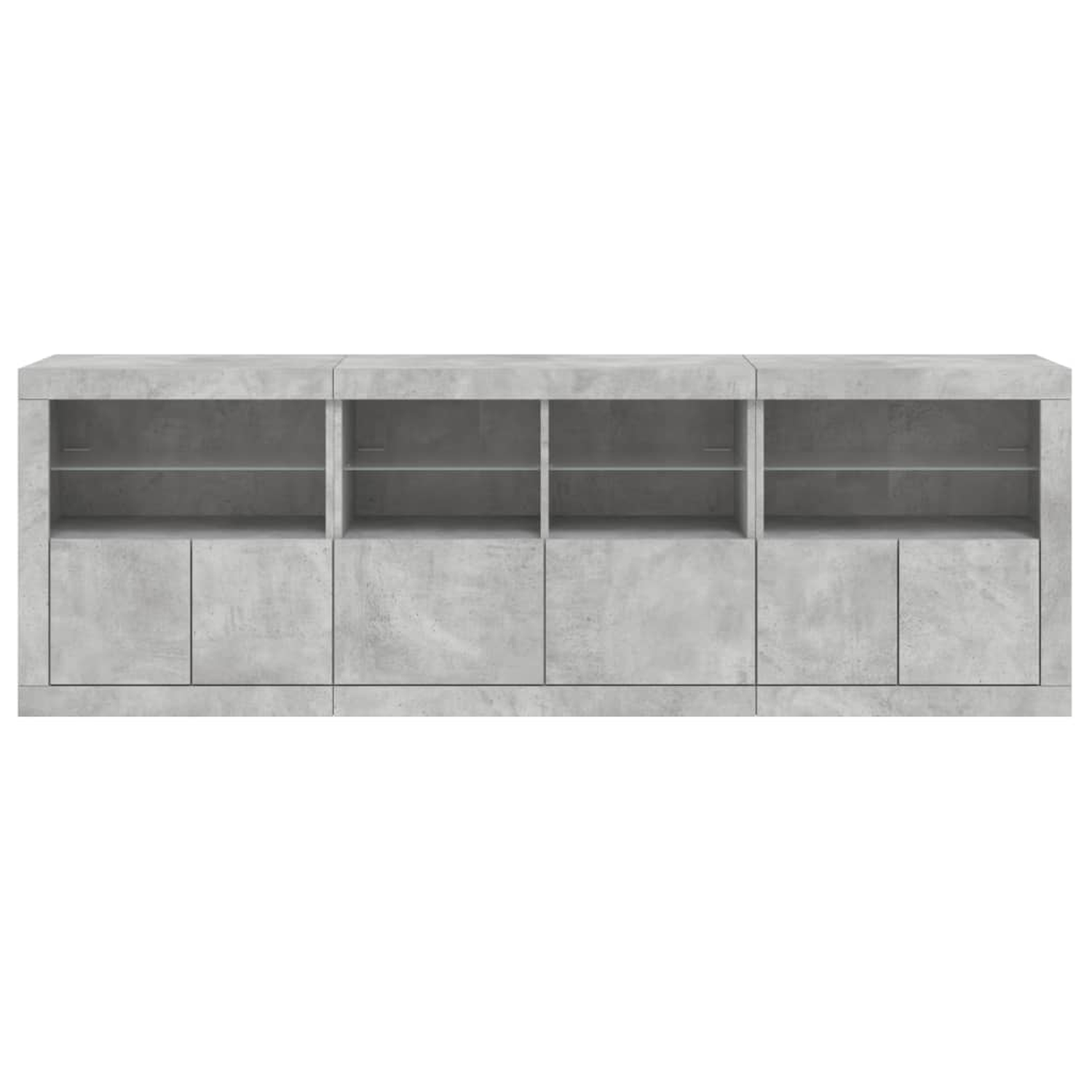 Ein langer grauer Schrank mit Glastüren und grauen Schubladen, modernes Design.