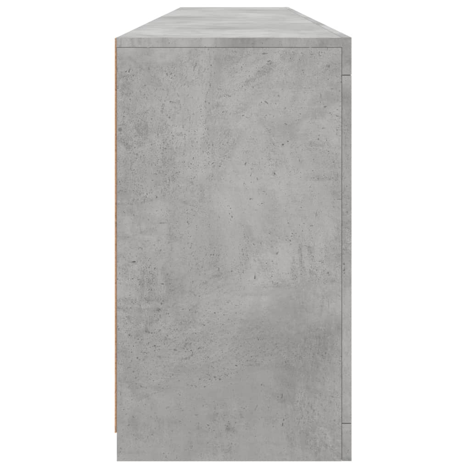 Grauer Beton-Schrank, Seitenansicht, mit Holzverkleidung auf der linken Seite.