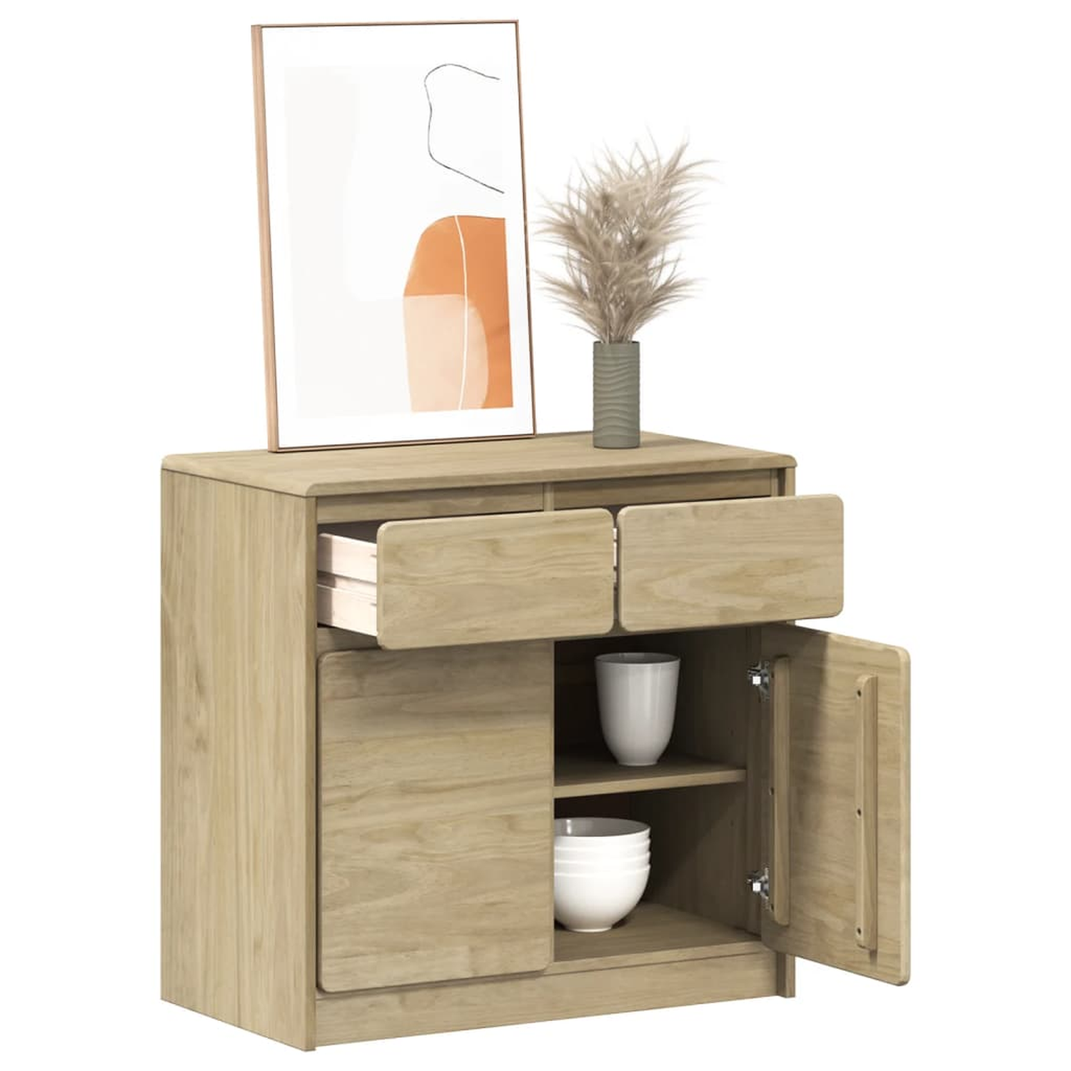 Holzschrank mit offener Schublade, Tür und Dekoration, auf weißem Hintergrund.
