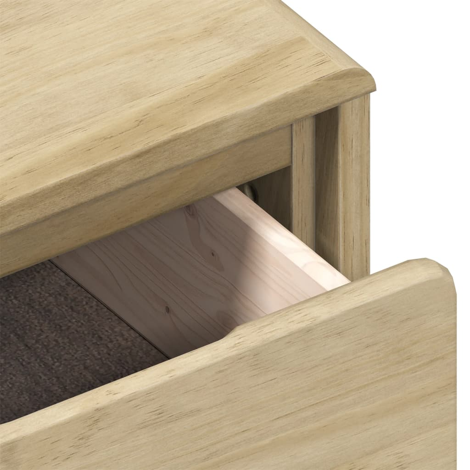 Nahaufnahme einer teilweise geöffneten Holzschublade, die das Innere zeigt.