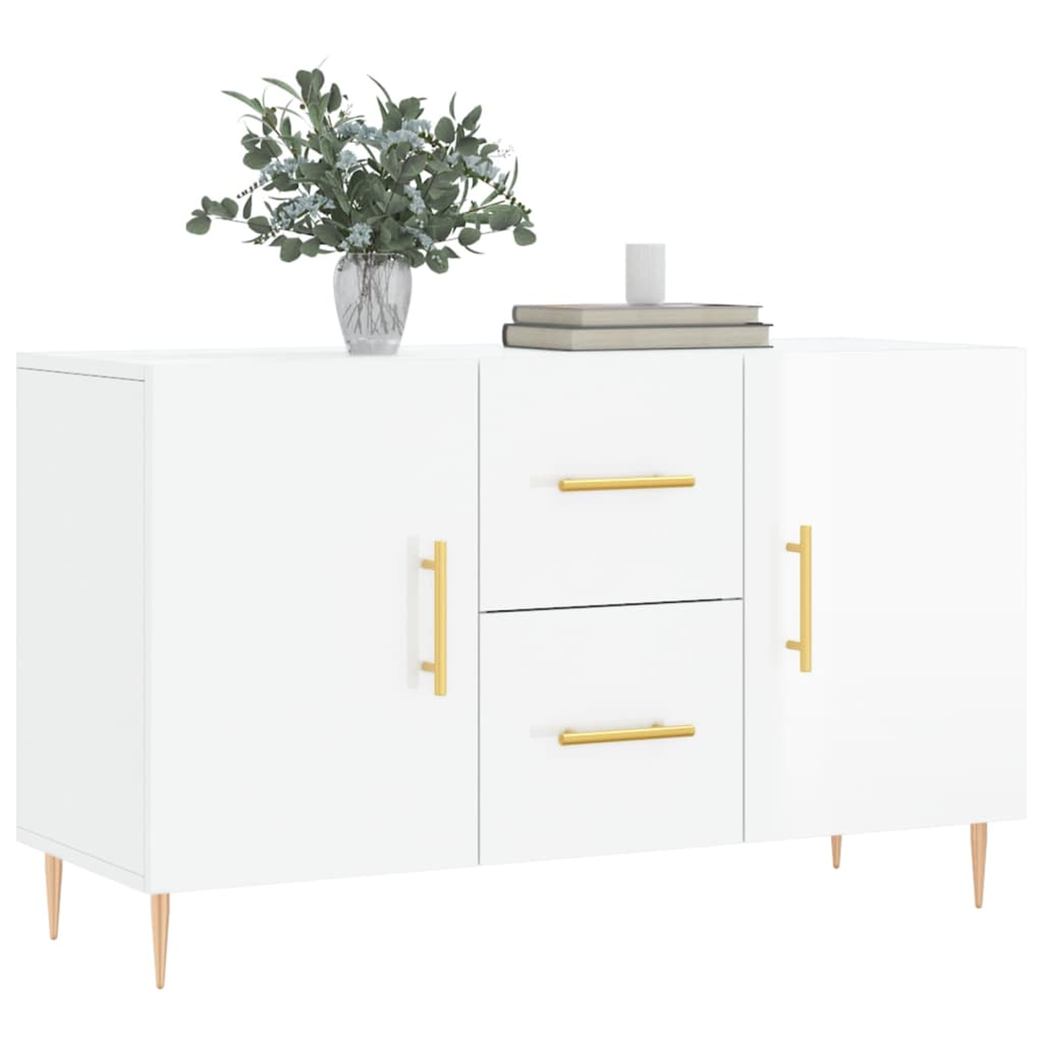 Weißes Sideboard mit goldenen Griffen. Vase und Bücher oben. Holzbeine.