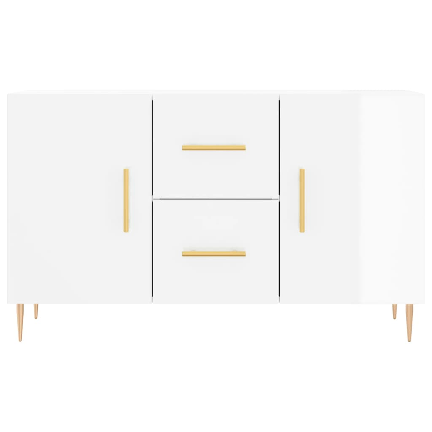 Weißer Schrank mit Türen und Schubladen, mit goldenen Griffen und Holzbeinen.