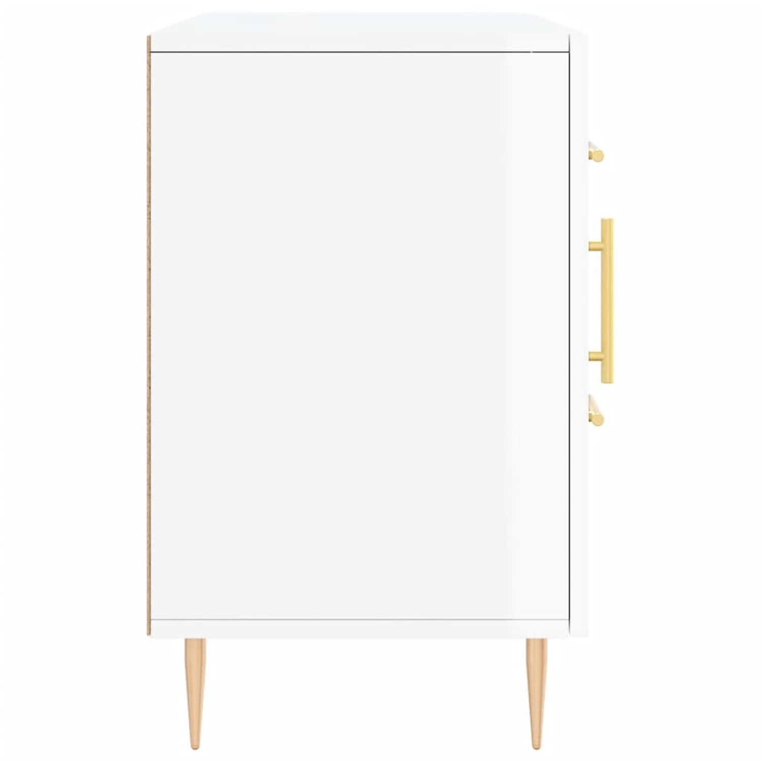 Weißer Schrank mit goldenem Griff und Holzbeinen, Seitenansicht.