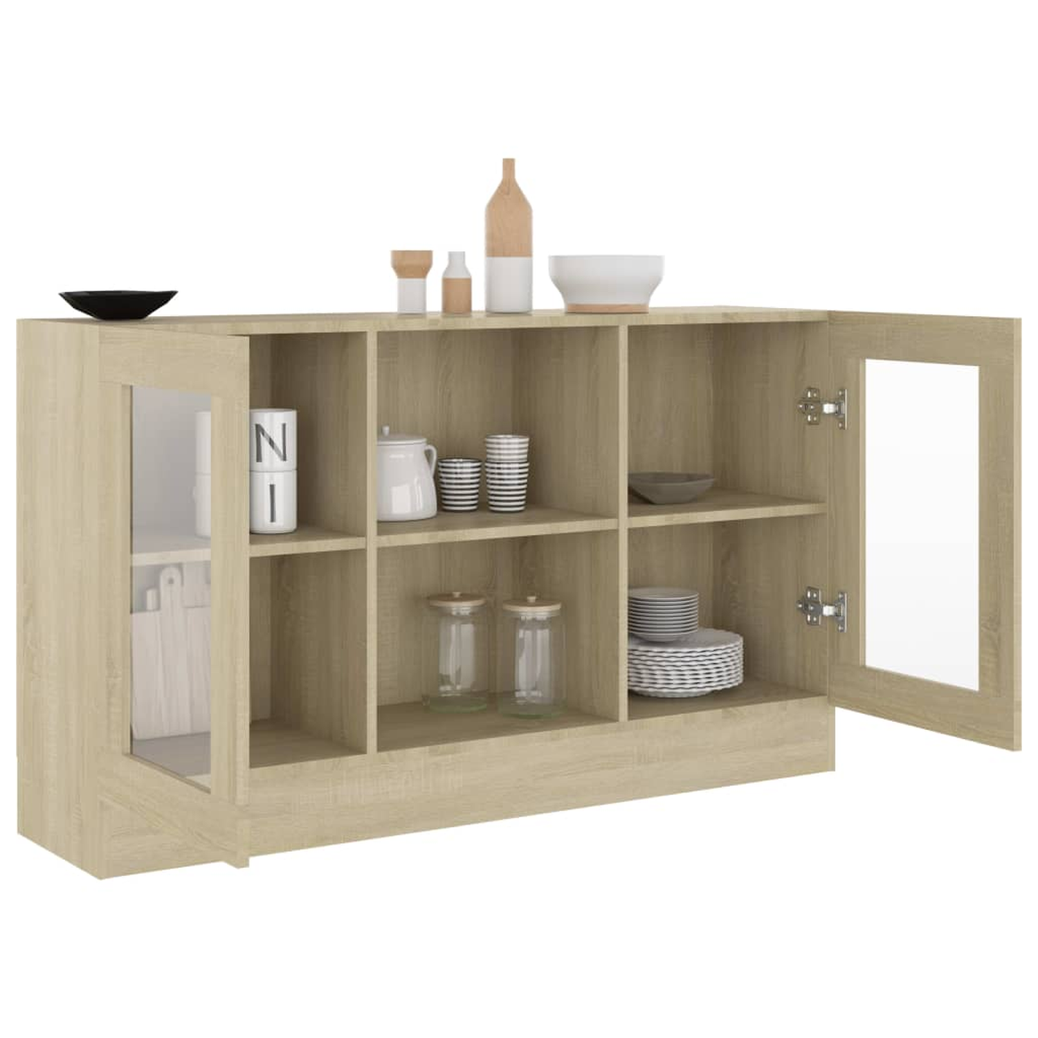 Holzschrank mit Glastüren und Regalen.