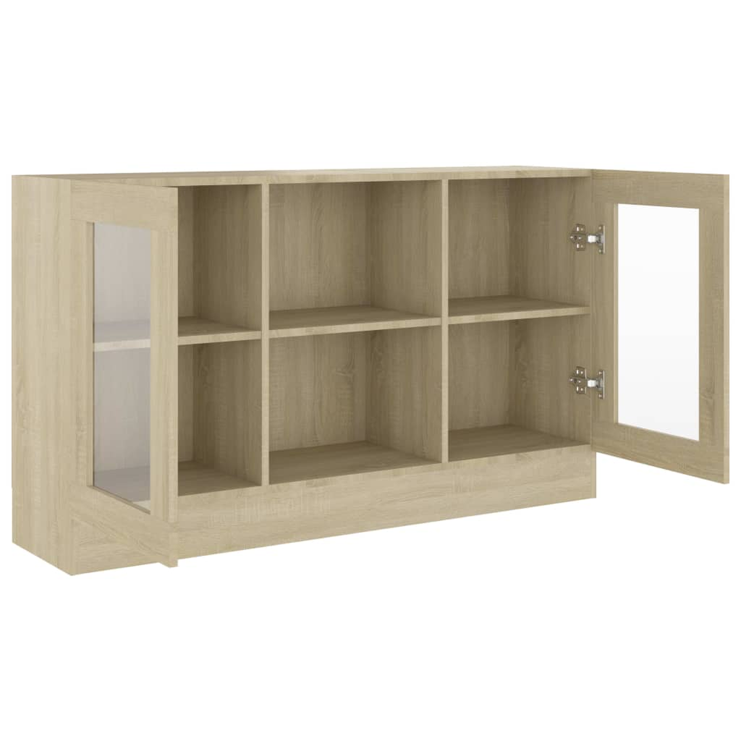 Ein Schrank mit offenen Türen. Es hat Regale im Inneren. Die Glastüren sind geöffnet und zeigen das Innere.
