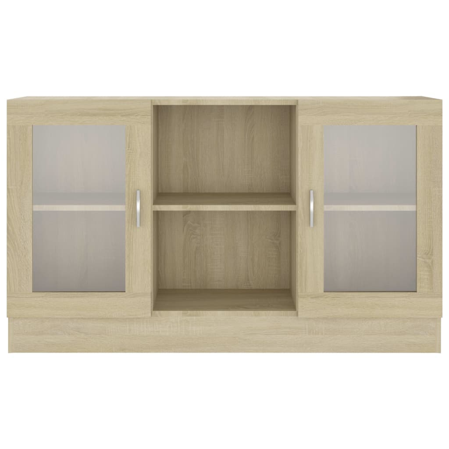 Holzschrank mit Glastüren und Regalen. Der Hintergrund ist weiß.