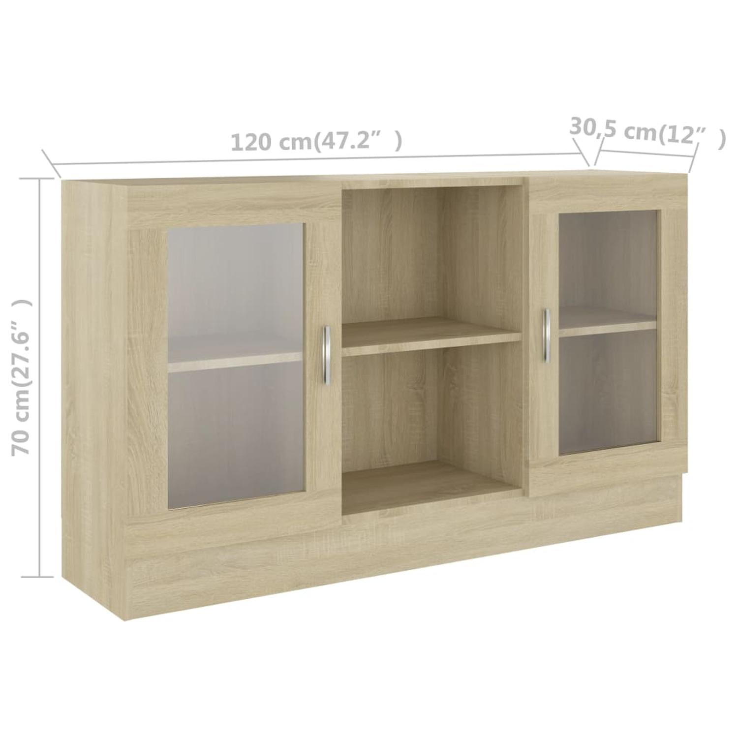 Ein Holzschrank mit Glastüren, Regalen und beschrifteten Maßen.
